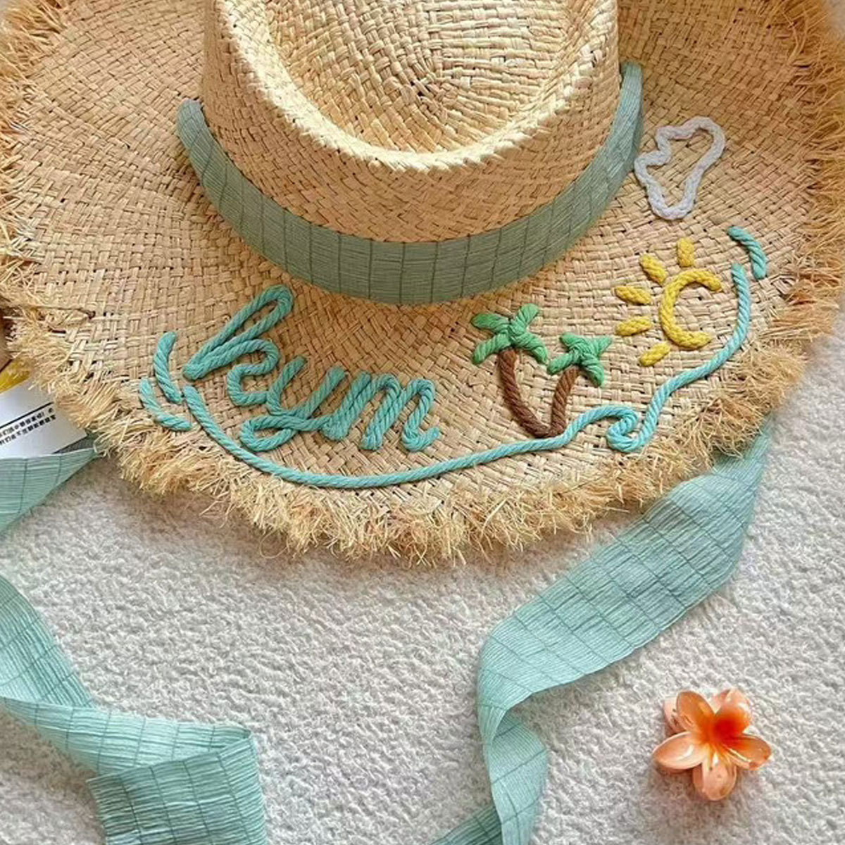Custom Name Embroidered Straw Sun Hat - Personalized Frayed Brim Beach Hat with Ribbon - Summer Vacation Accessory