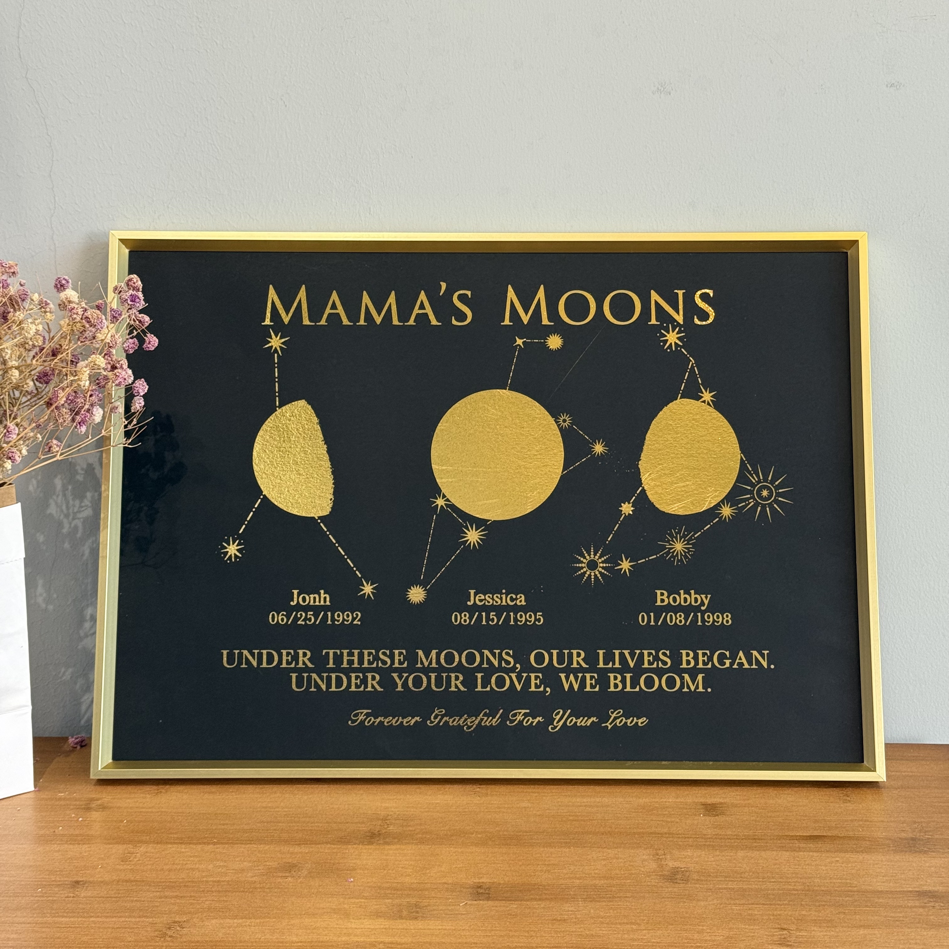 "Mama's Moons" Custom Gold Foil Multi-Moon Phase Art | Personalized Family Birth Moon Framed Print