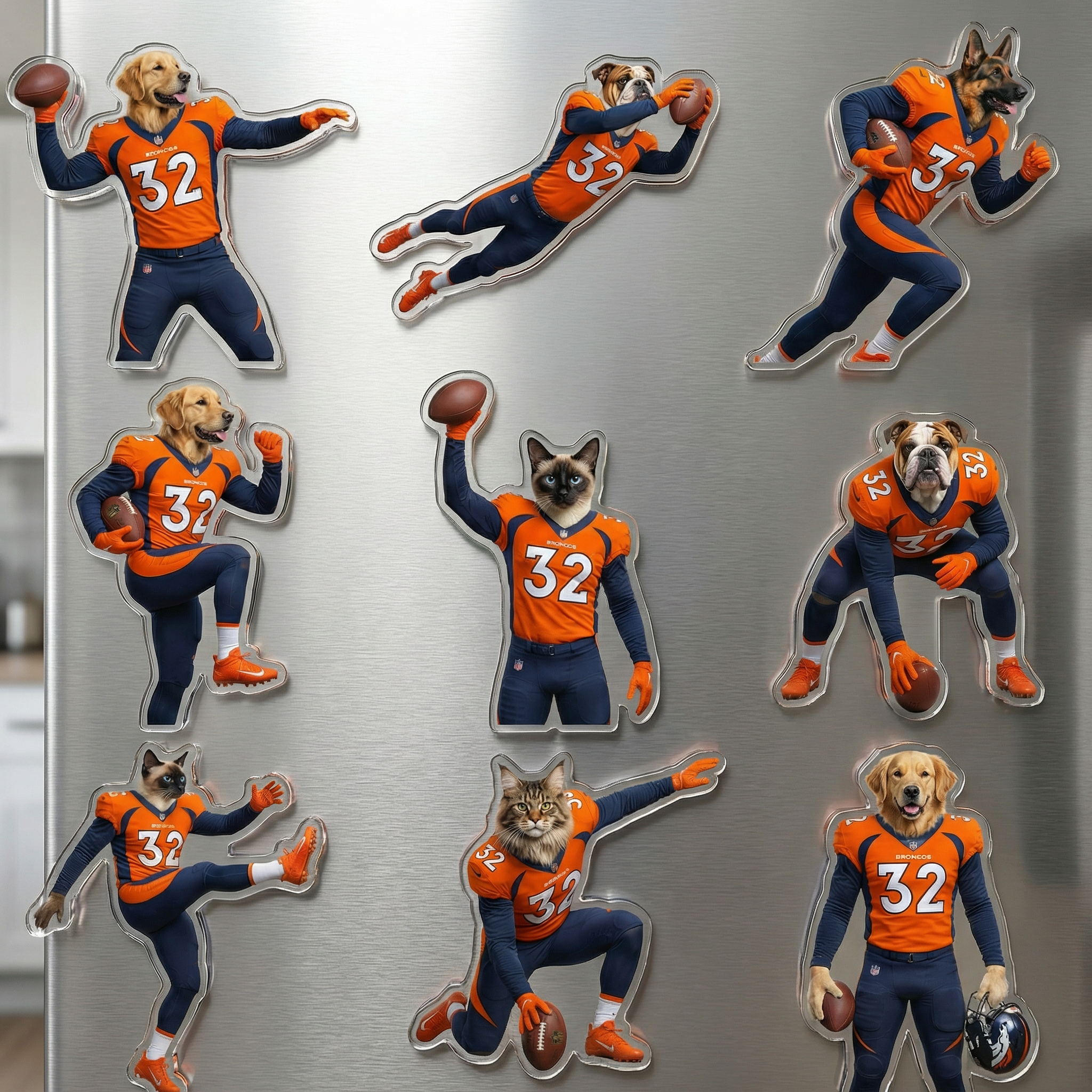 Custom Pet All-Star: Personalized American Football Acrylic Fridge Magnets - Turn Your Pet into an MVP (Set of 9 Action Poses)