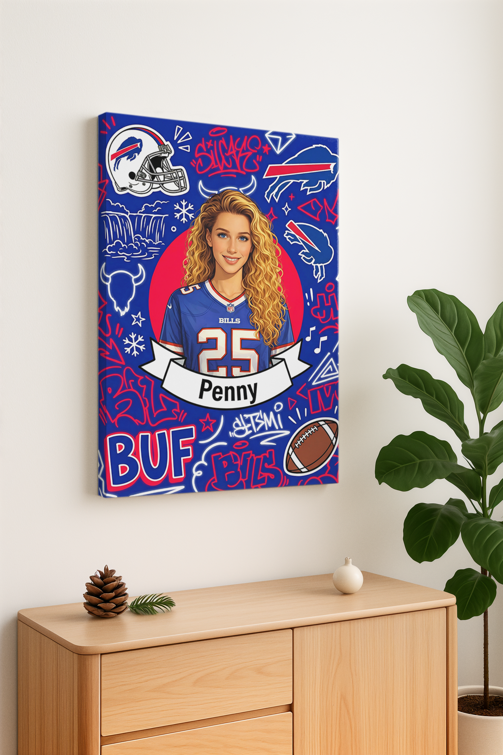 Custom American football-themed portrait frames and canvases – hand-painted decorative murals by the artist.