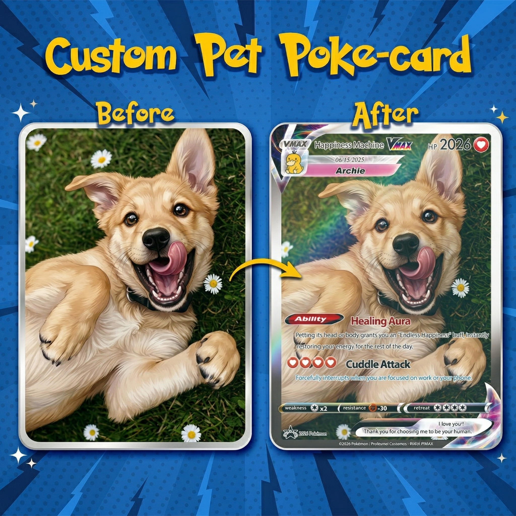 Turn Your Pet Photo Into a Custom VMAX Poke Card - Personalized Dog & Cat Portrait Holographic Gift
