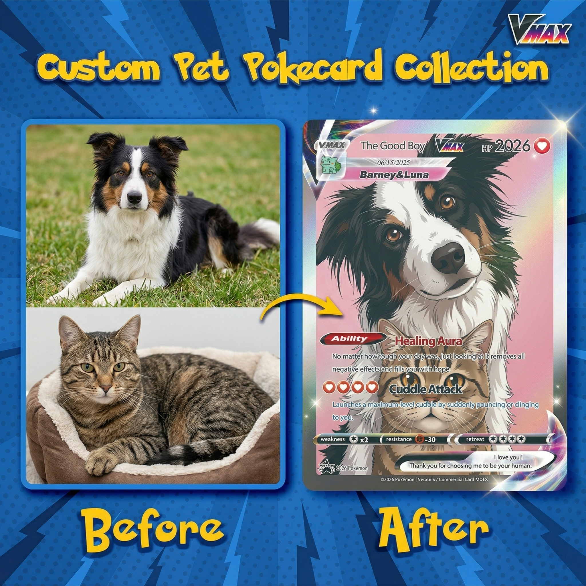 Turn Your Pet Photo Into a Custom VMAX Poke Card - Personalized Dog & Cat Portrait Holographic Gift