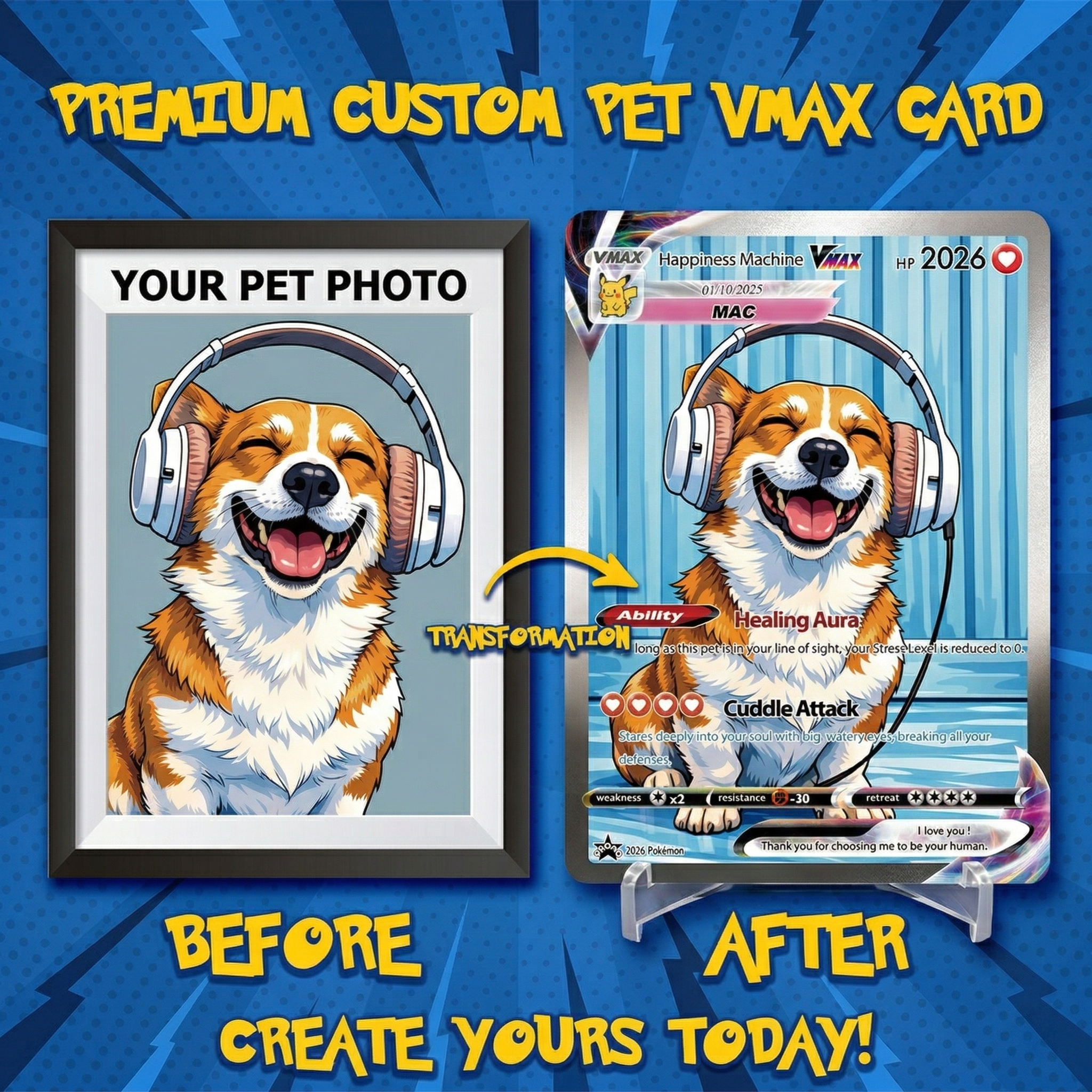 Turn Your Pet Photo Into a Custom VMAX Poke Card - Personalized Dog & Cat Portrait Holographic Gift