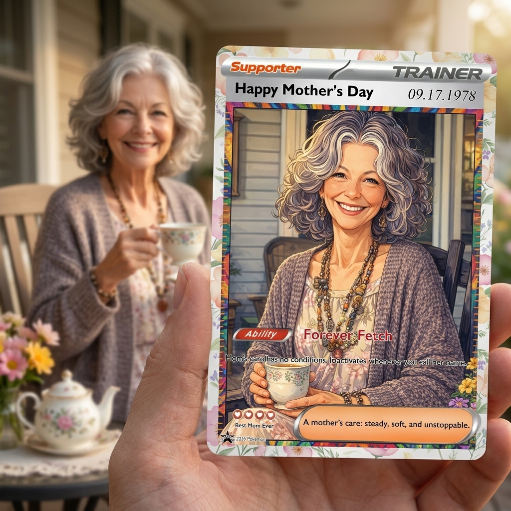 Turn Mom Into a Legendary Supporter Card - Personalized Mother's Day Anime Gift | Custom TCG Trainer Portrait Keepsake