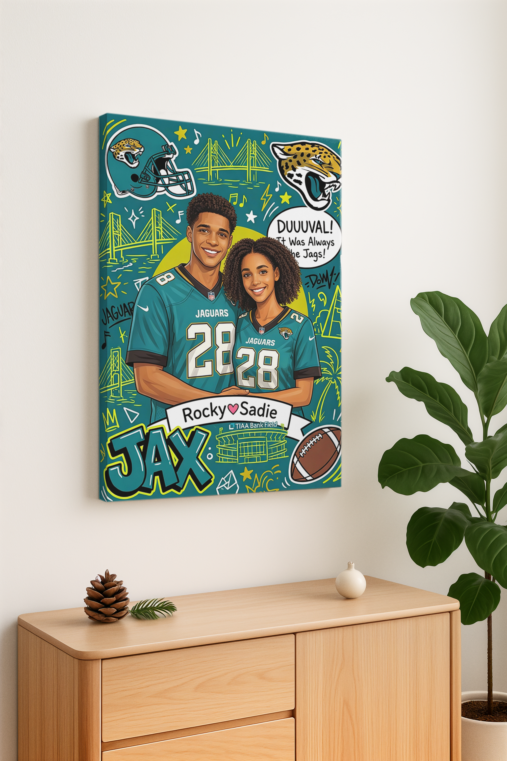 Custom American football-themed portrait frames and canvases – hand-painted decorative murals by the artist.
