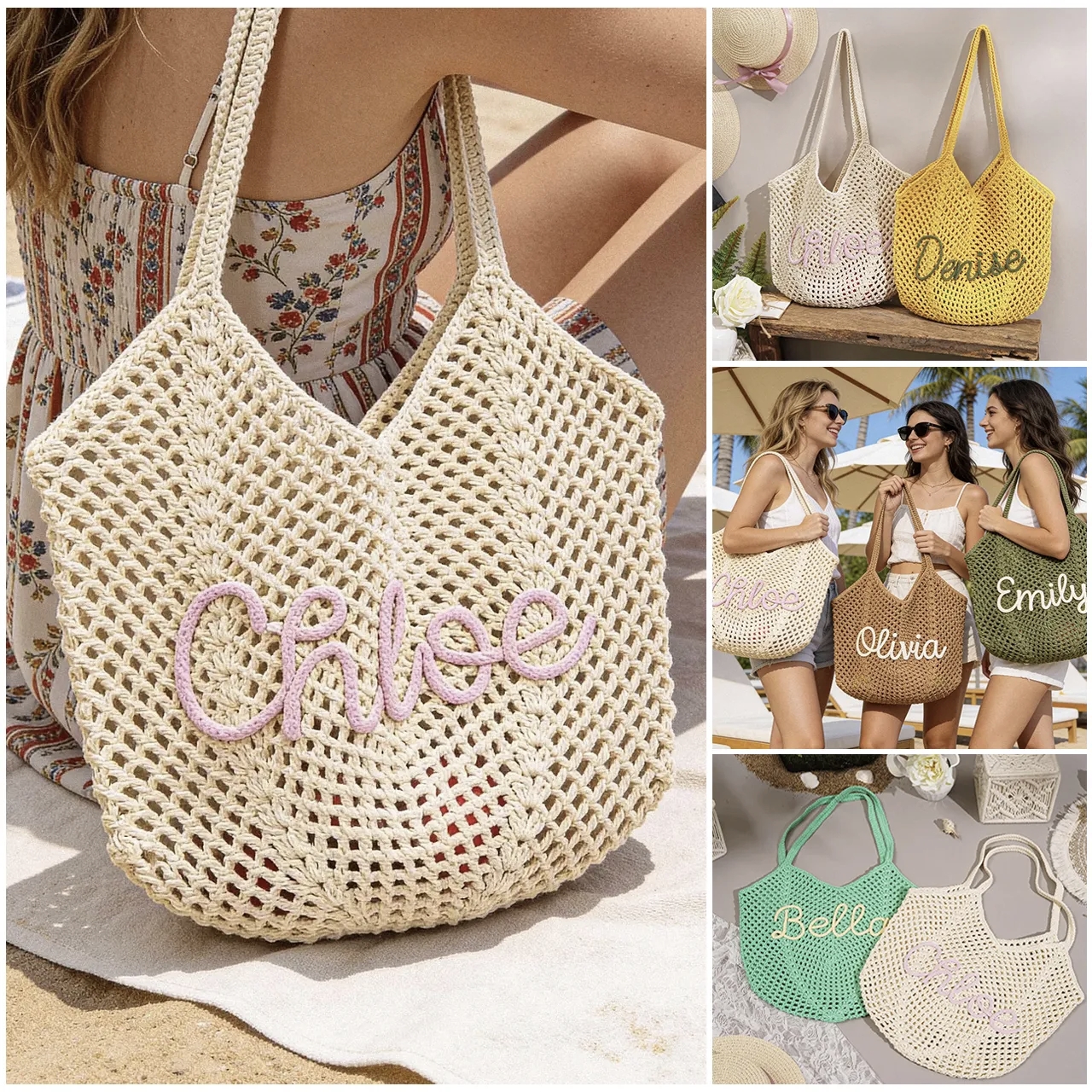 Custom Name Hand-Woven Beach Tote 🌿 Lightweight Crochet Shoulder Bag