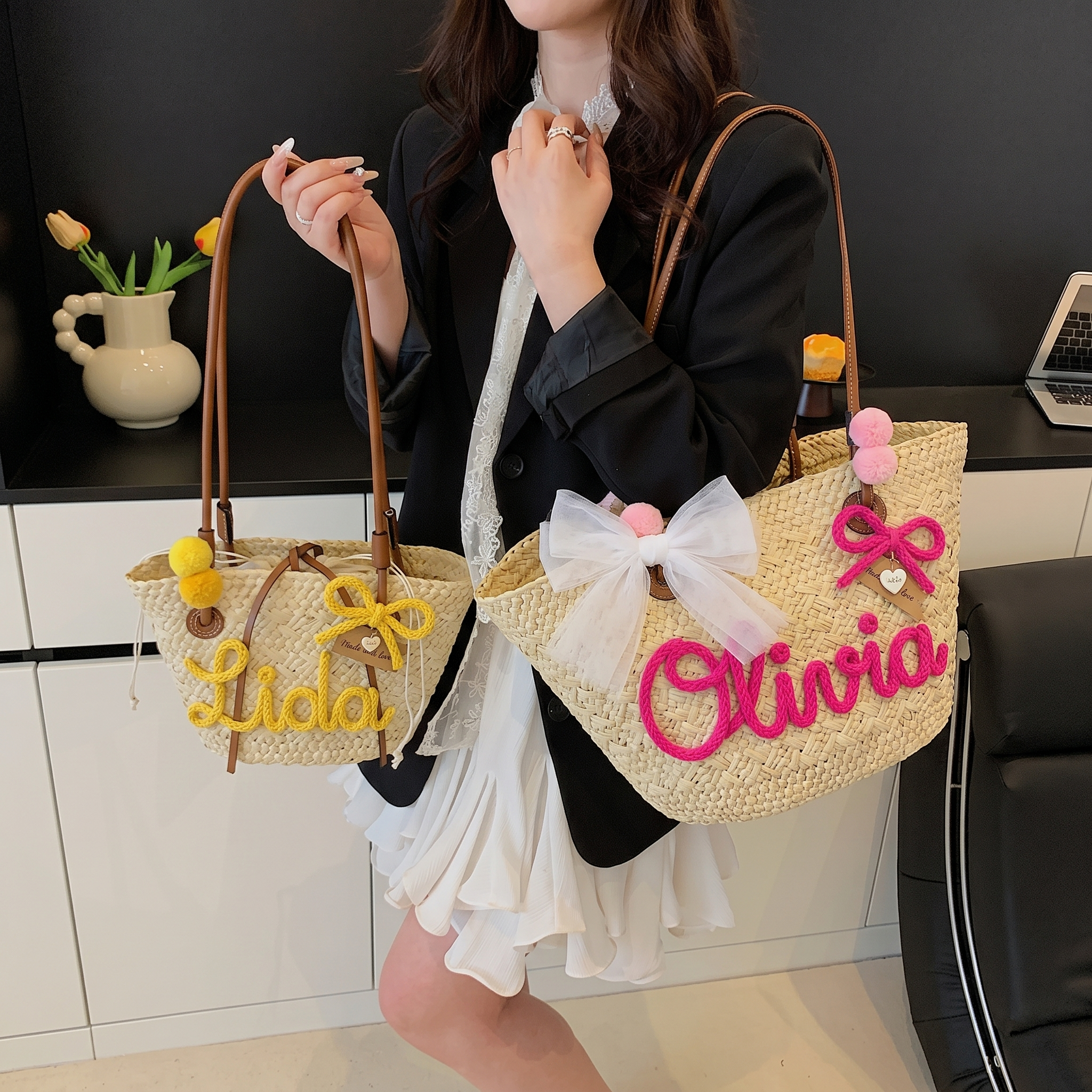 Personalized Gift: Custom Embroidery Name Straw Bag - The Ultimate Summer Vacation Essential & Bridesmaid Proposal Gift