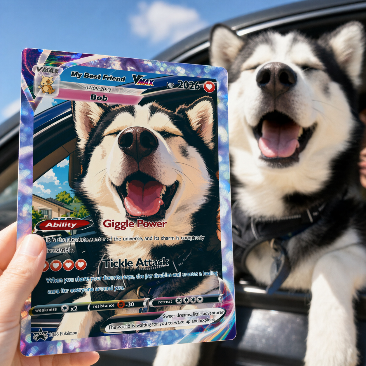 Turn Your Pet Photo Into a Custom VMAX Poke Card - Personalized Dog & Cat Portrait Holographic Gift