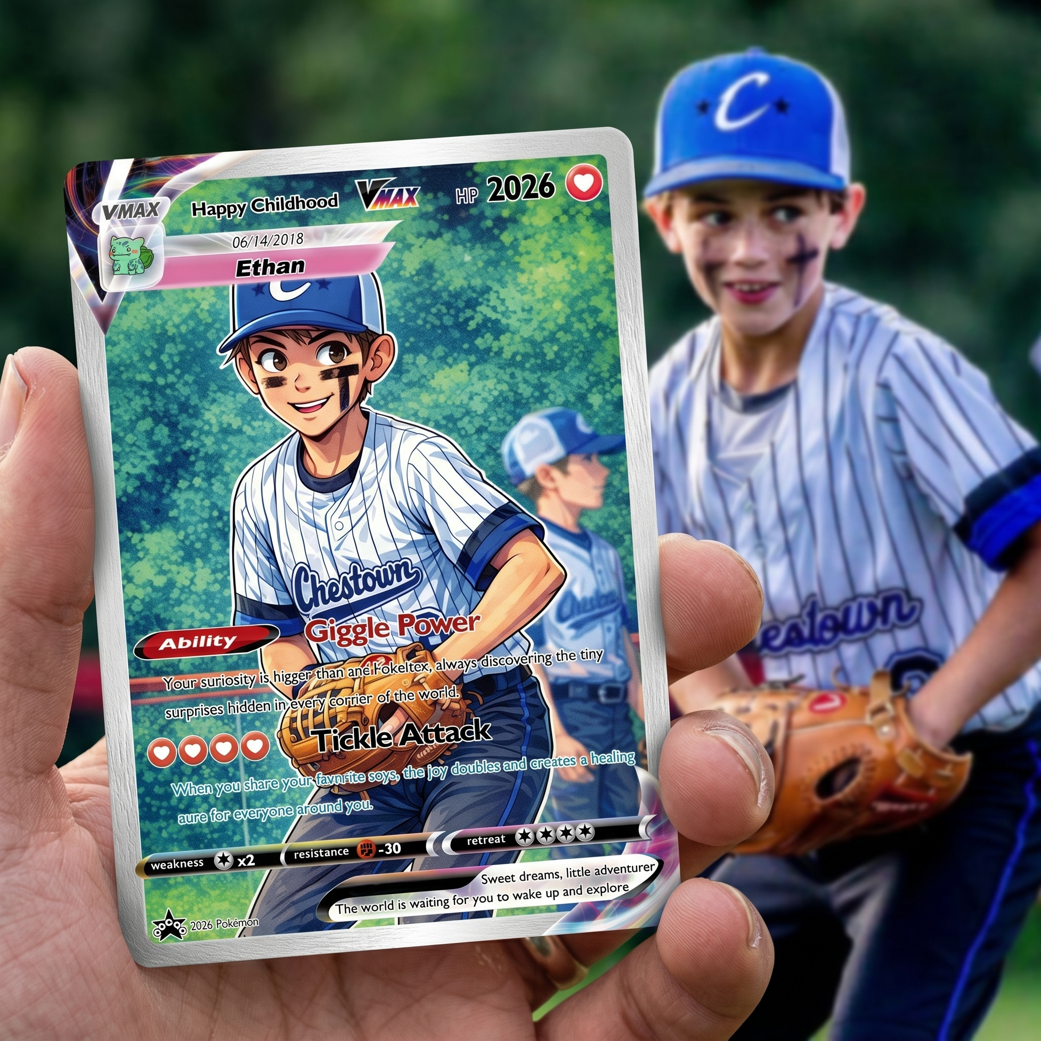 Turn Your Child's Photo Into a Custom VMAX Hero Card - Personalized Anime Kids Portrait Holographic Gift