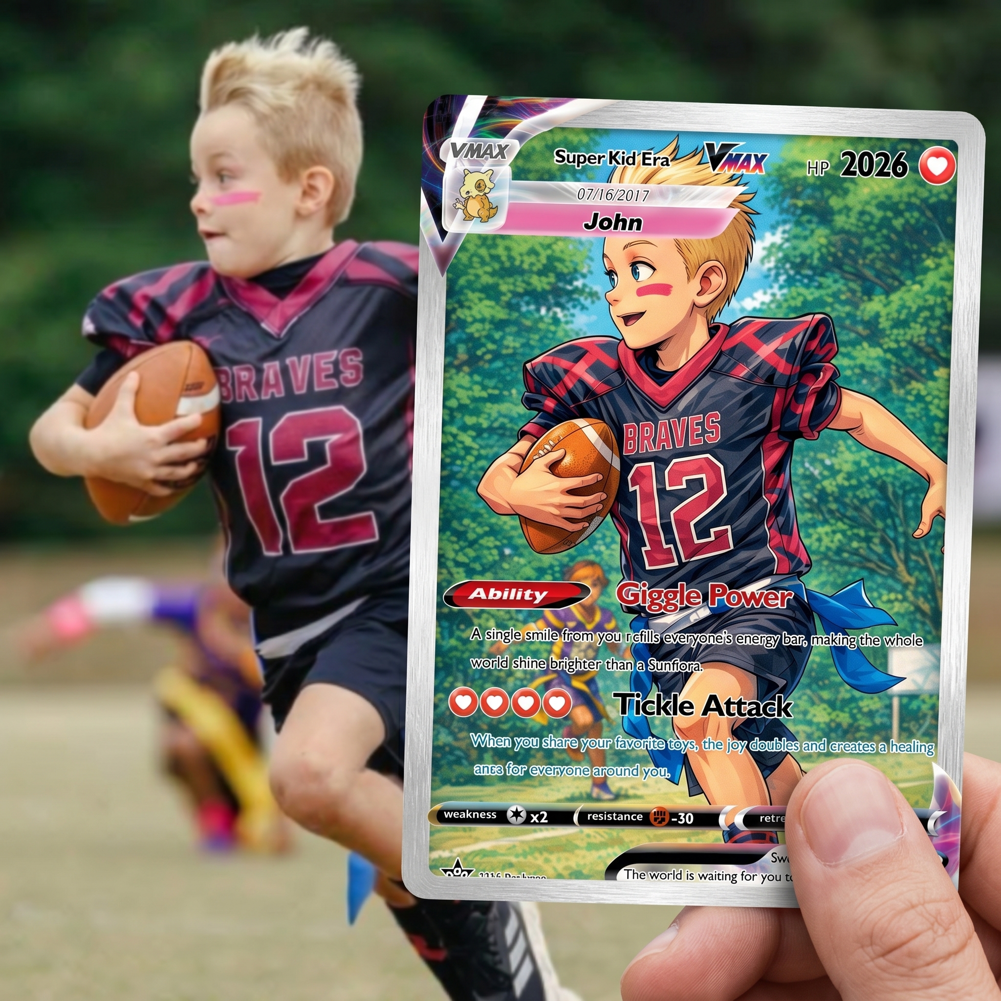 Turn Your Child's Photo Into a Custom VMAX Hero Card - Personalized Anime Kids Portrait Holographic Gift