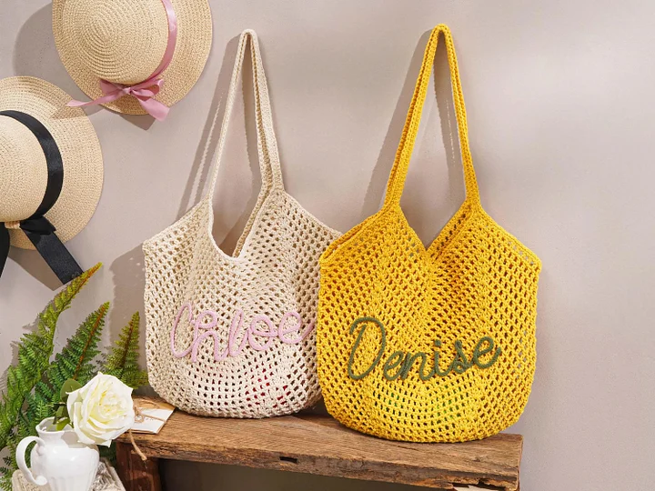 Custom Name Hand-Woven Beach Tote 🌿 Lightweight Crochet Shoulder Bag