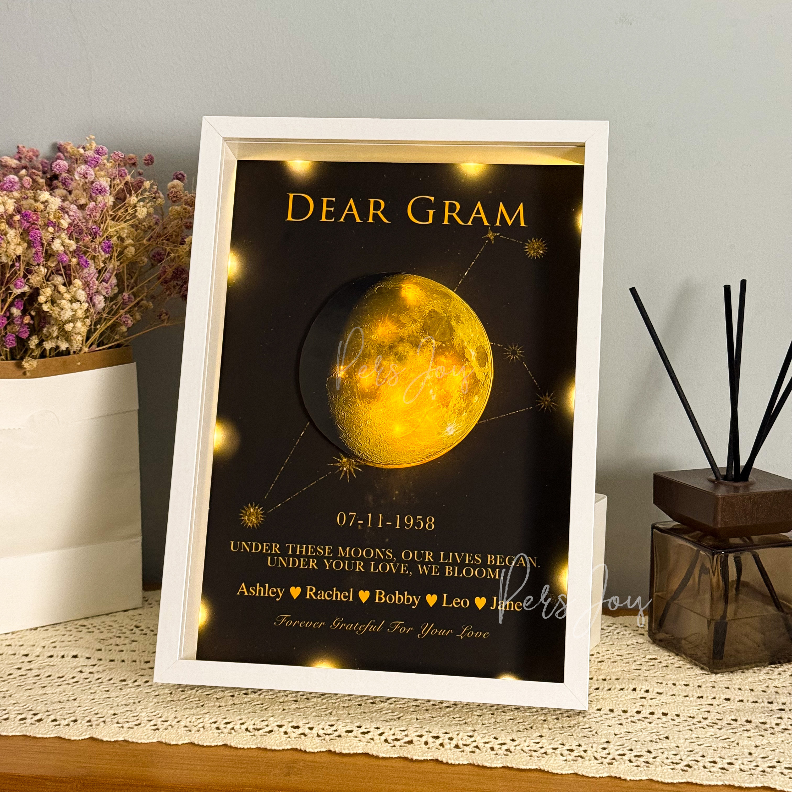 Mama's Moon Box- Personalized Moon Phase & Star Sing LED Shadow Box | Mother's Day Gift