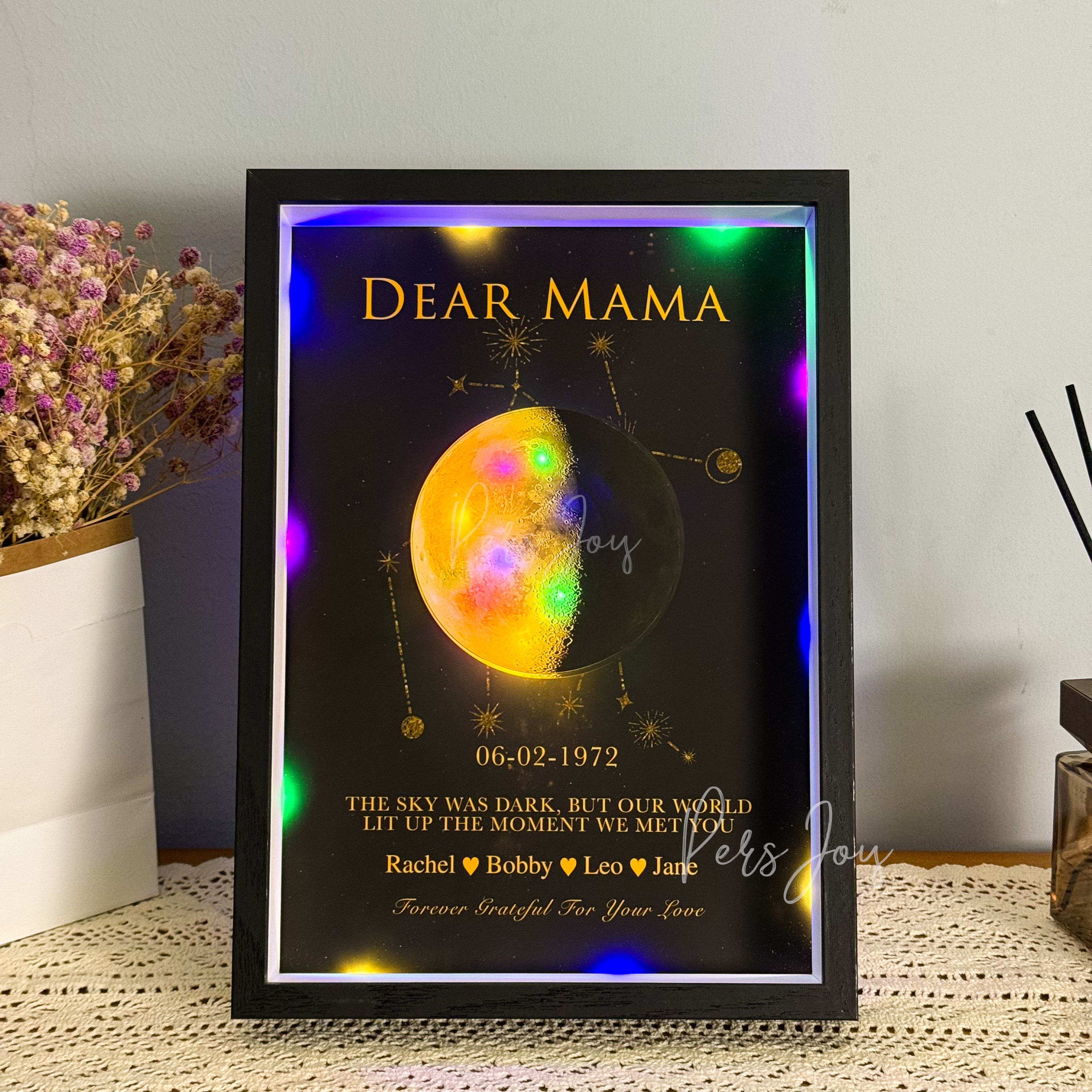 Mama's Moon Box- Personalized Moon Phase & Star Sing LED Shadow Box | Mother's Day Gift