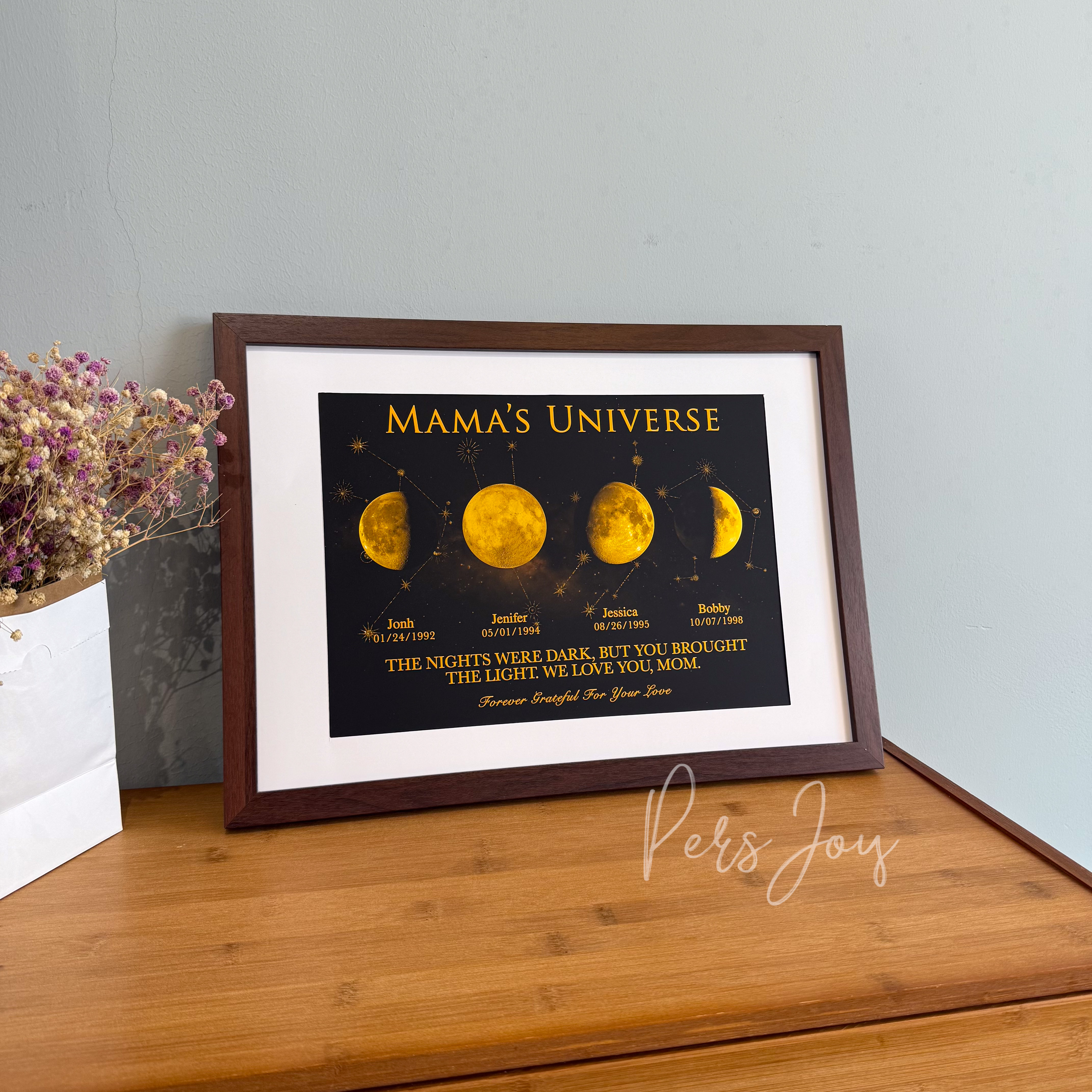 "Mama's Universe" Custom Multi-Moon Phase & Zodiac Framed Art | Personalized Names Birthday Zodiac Gift For Mother's Day