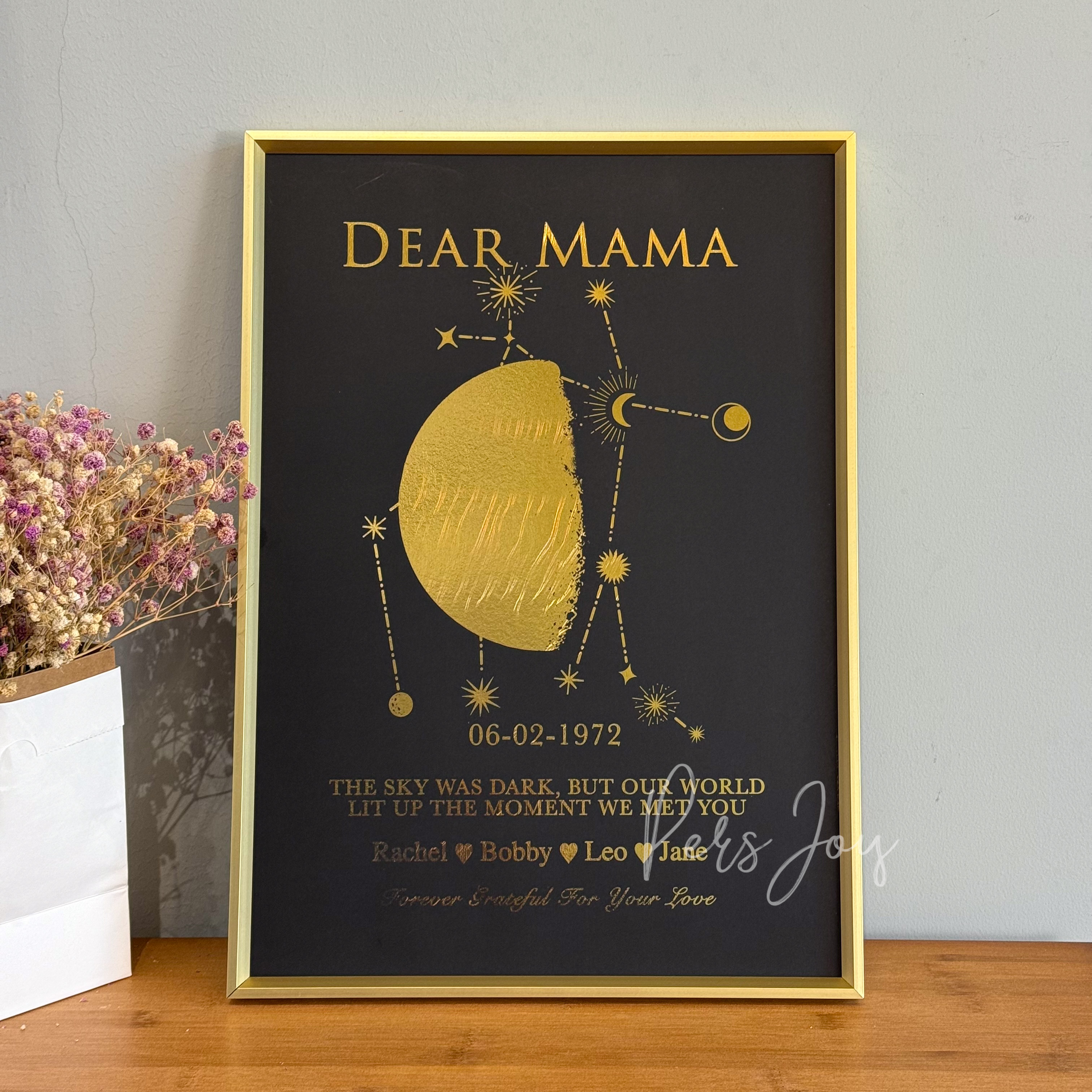Custom Gold Foil Special Date Moon Phase Art | Personalized Framed Print with Family Names