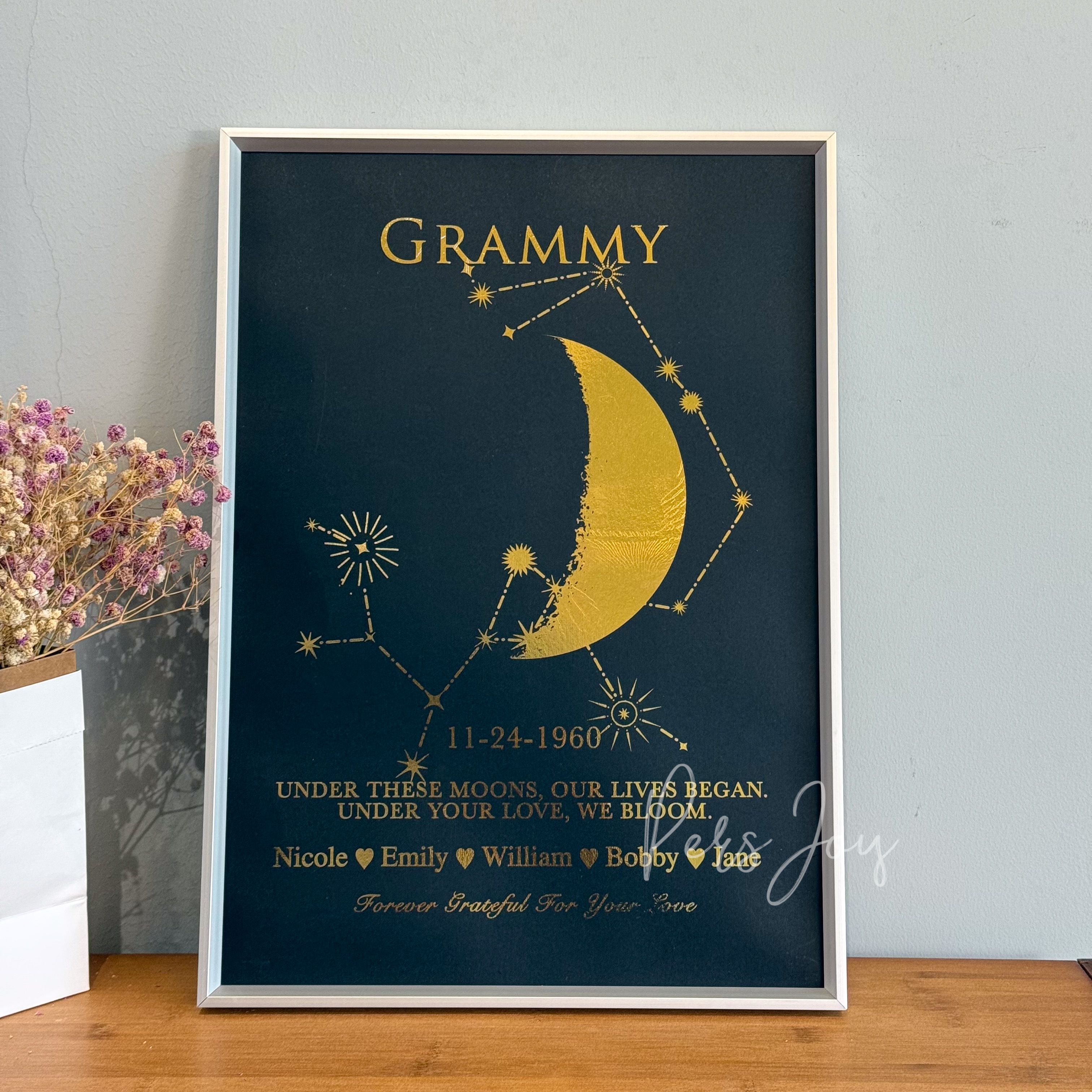 Custom Gold Foil Special Date Moon Phase Art | Personalized Framed Print with Family Names