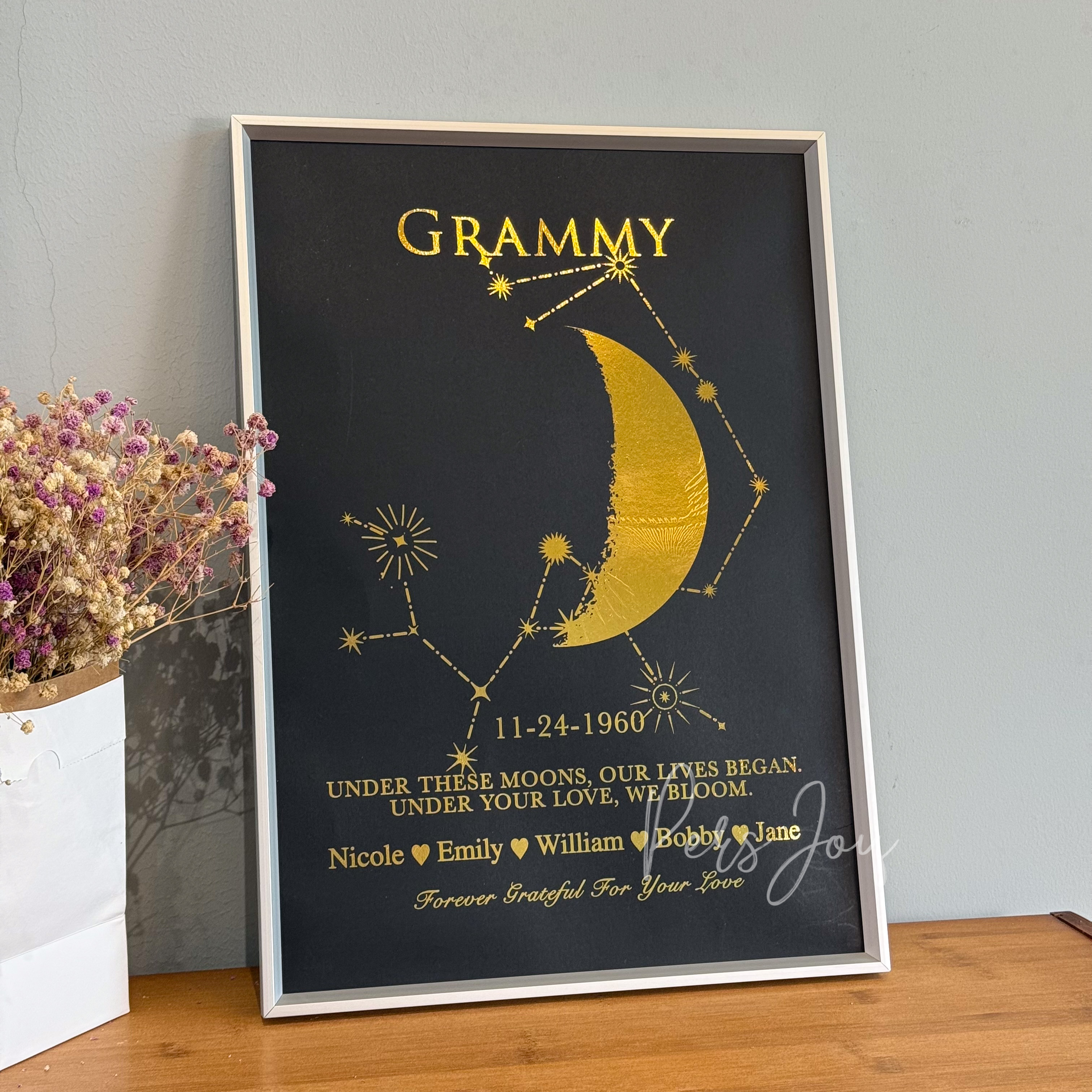 Custom Gold Foil Special Date Moon Phase Art | Personalized Framed Print with Family Names