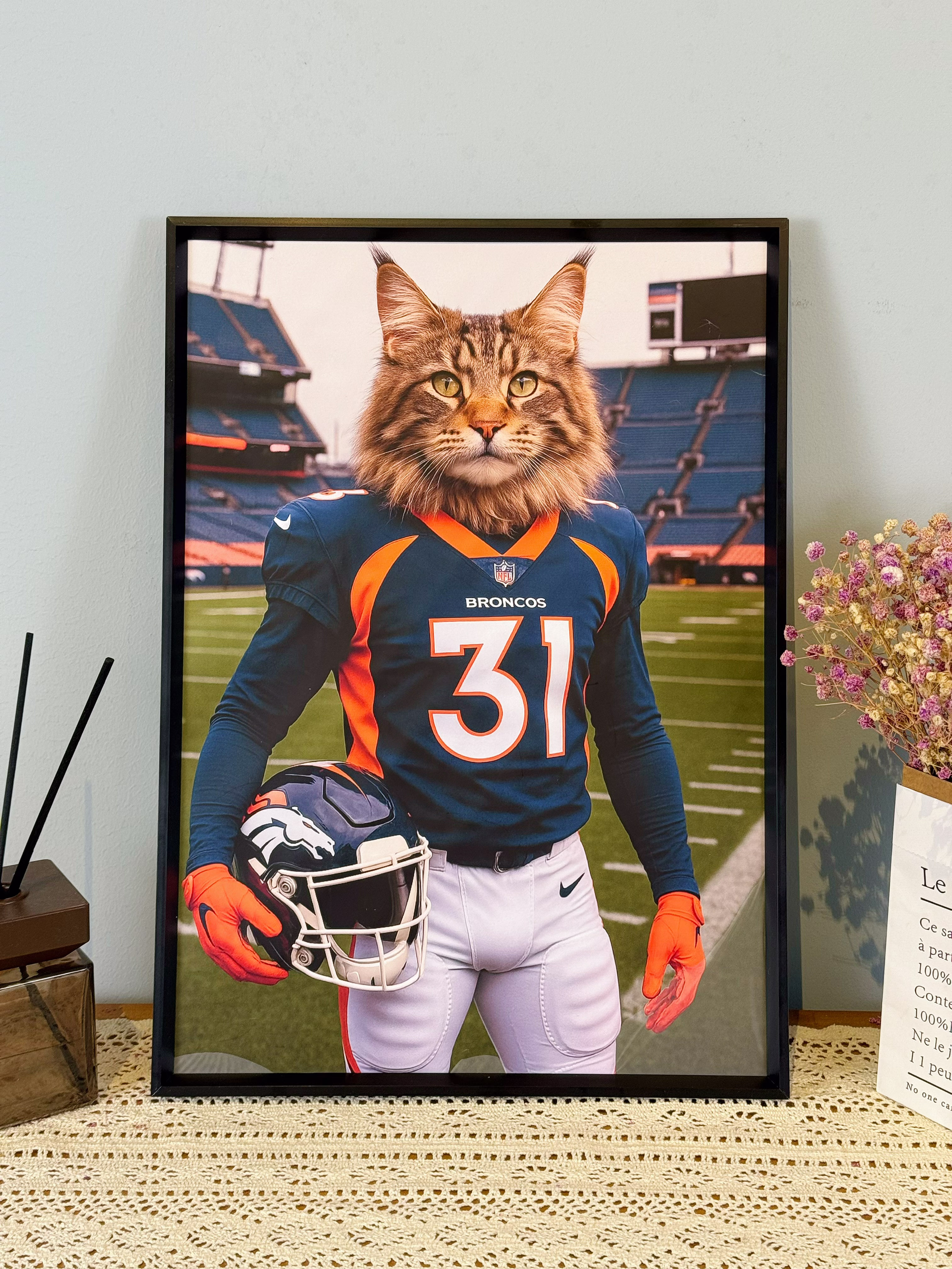 🏈Custom American Football Pet Portrait Frame – Artist Hand-Designed Decorative Wall Art 🐾