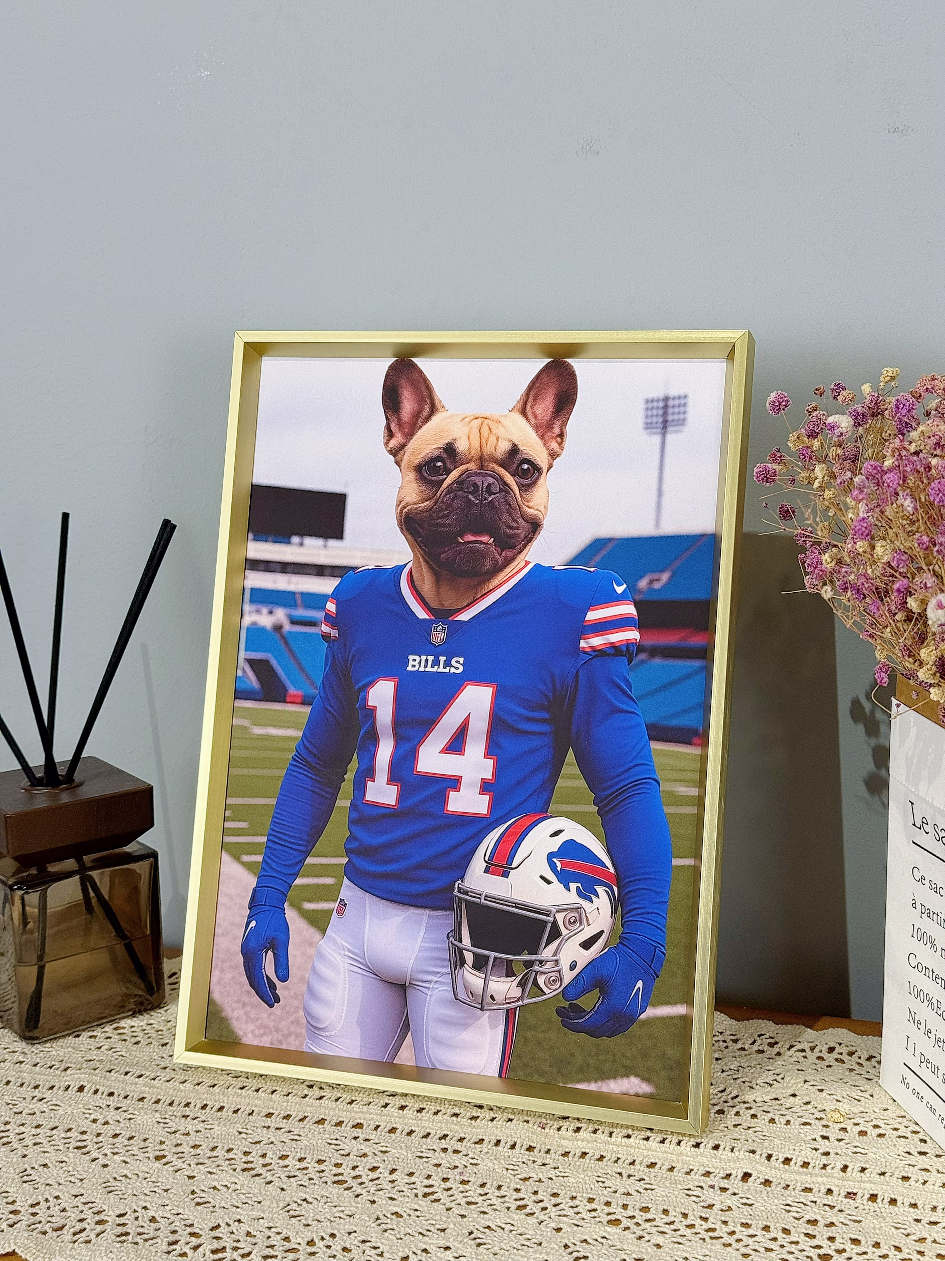 🏈Custom American Football Pet Portrait Frame – Artist Hand-Designed Decorative Wall Art 🐾