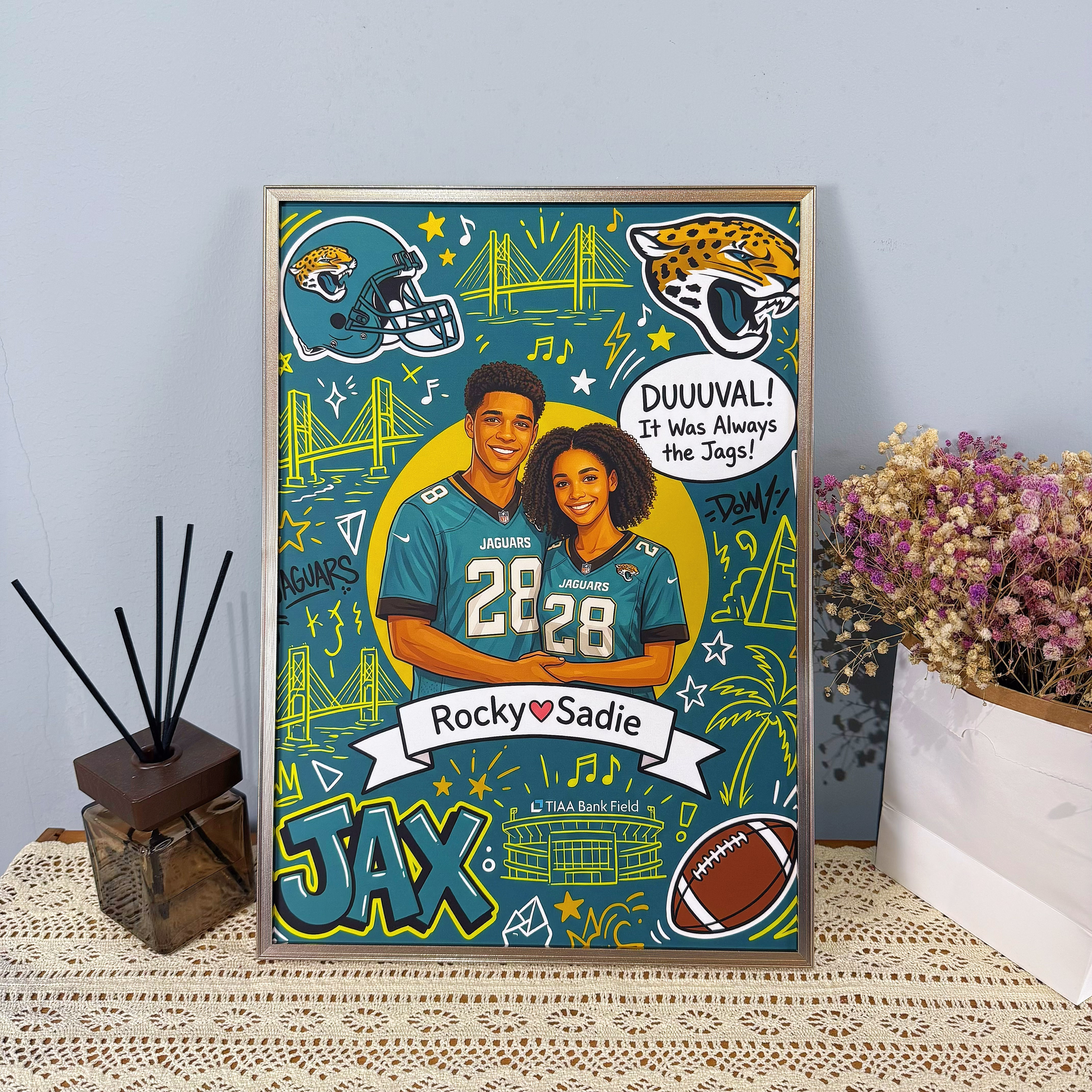 Custom American football-themed portrait frames and canvases – hand-painted decorative murals by the artist.