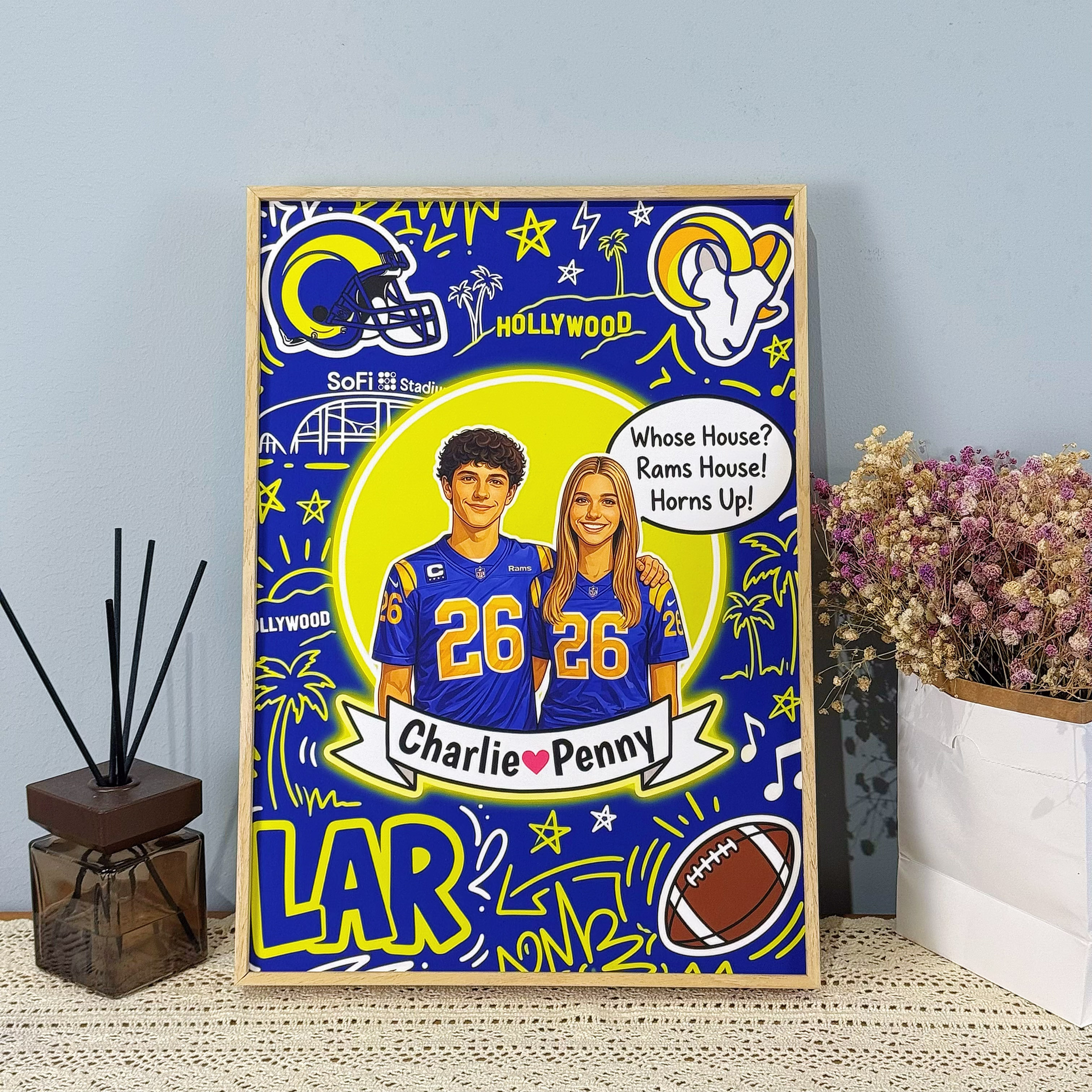 Custom American football-themed portrait frames and canvases – hand-painted decorative murals by the artist.