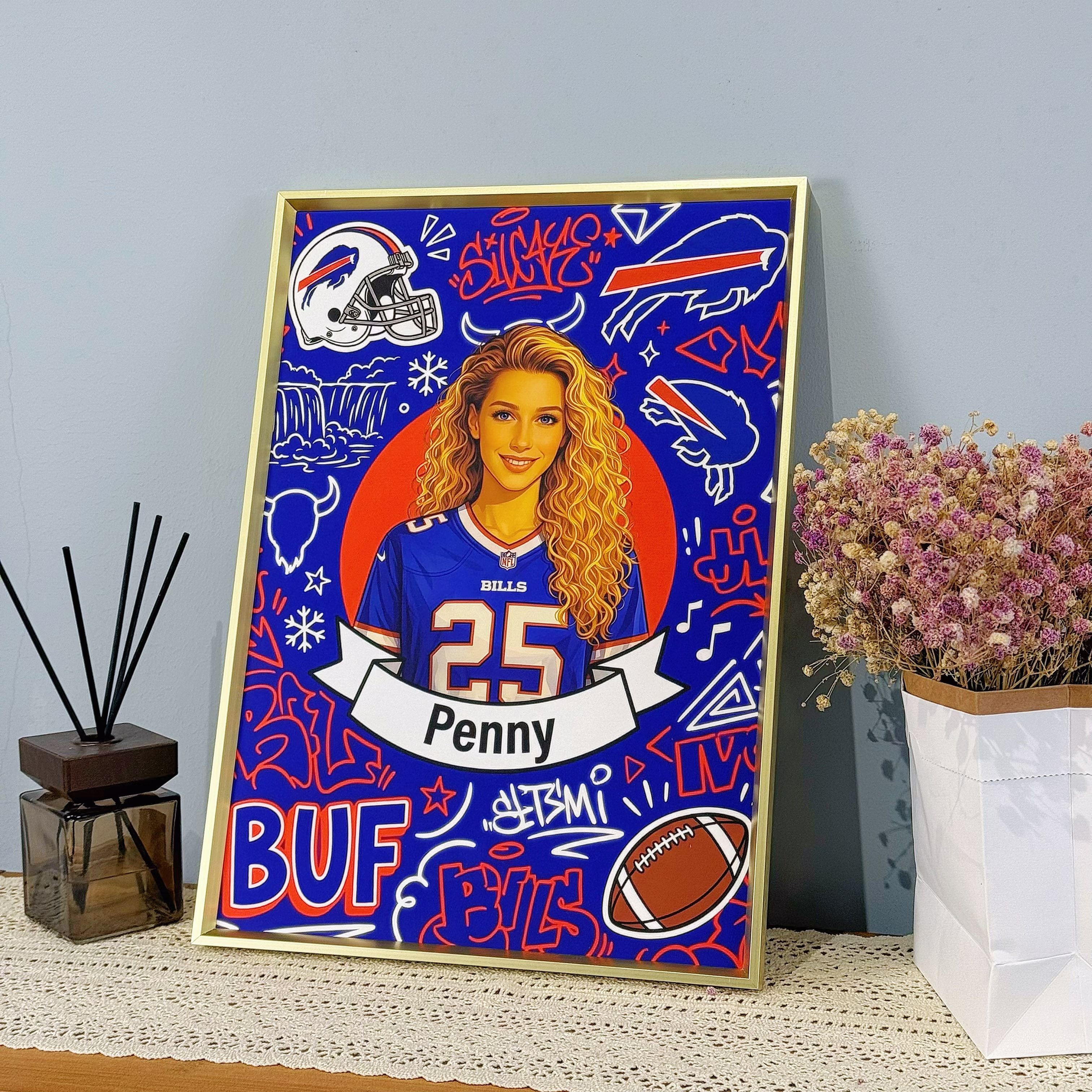 Custom American football-themed portrait frames and canvases – hand-painted decorative murals by the artist.