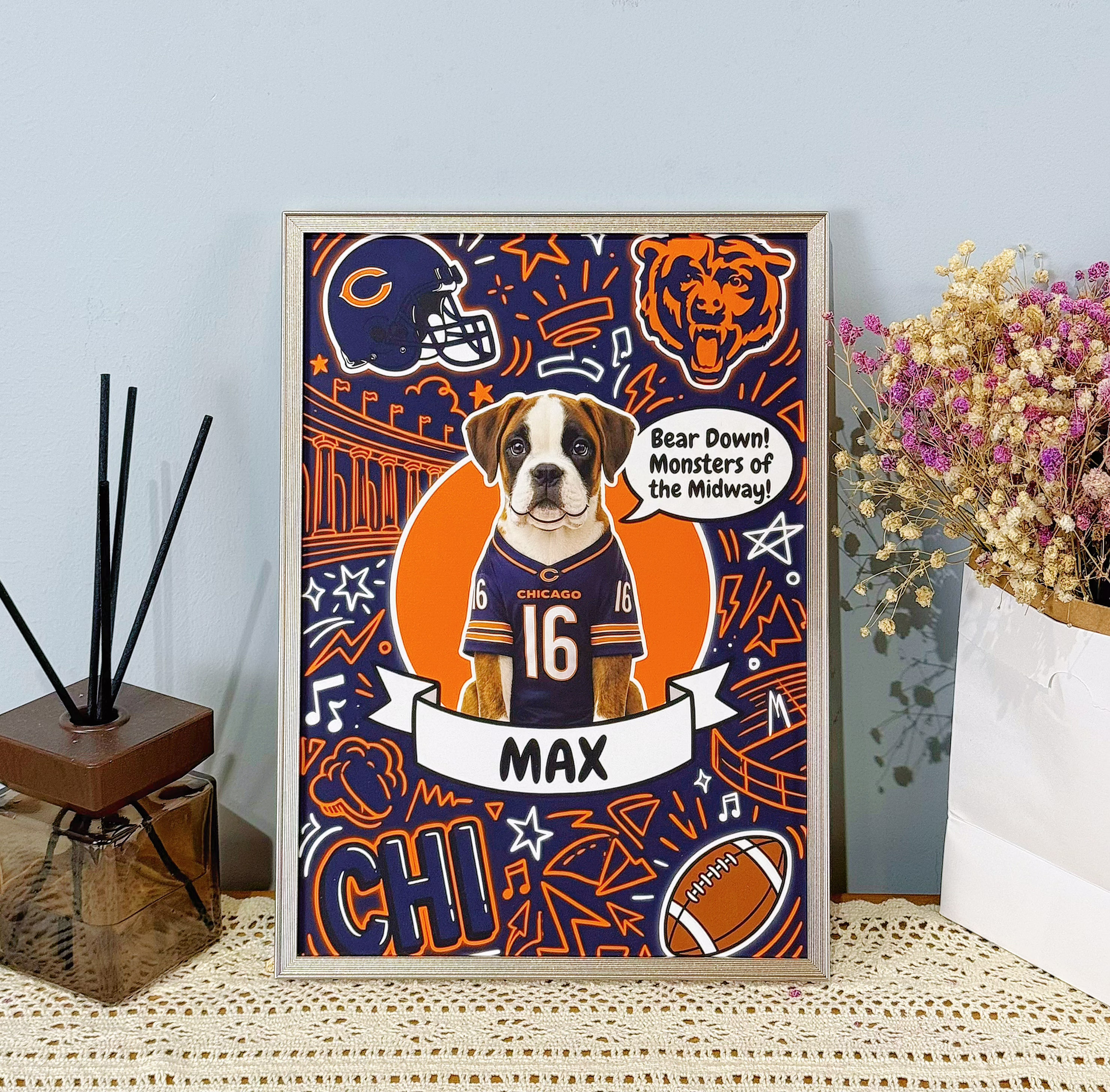 Custom American football-themed portrait frames and canvases – hand-painted decorative murals by the artist.