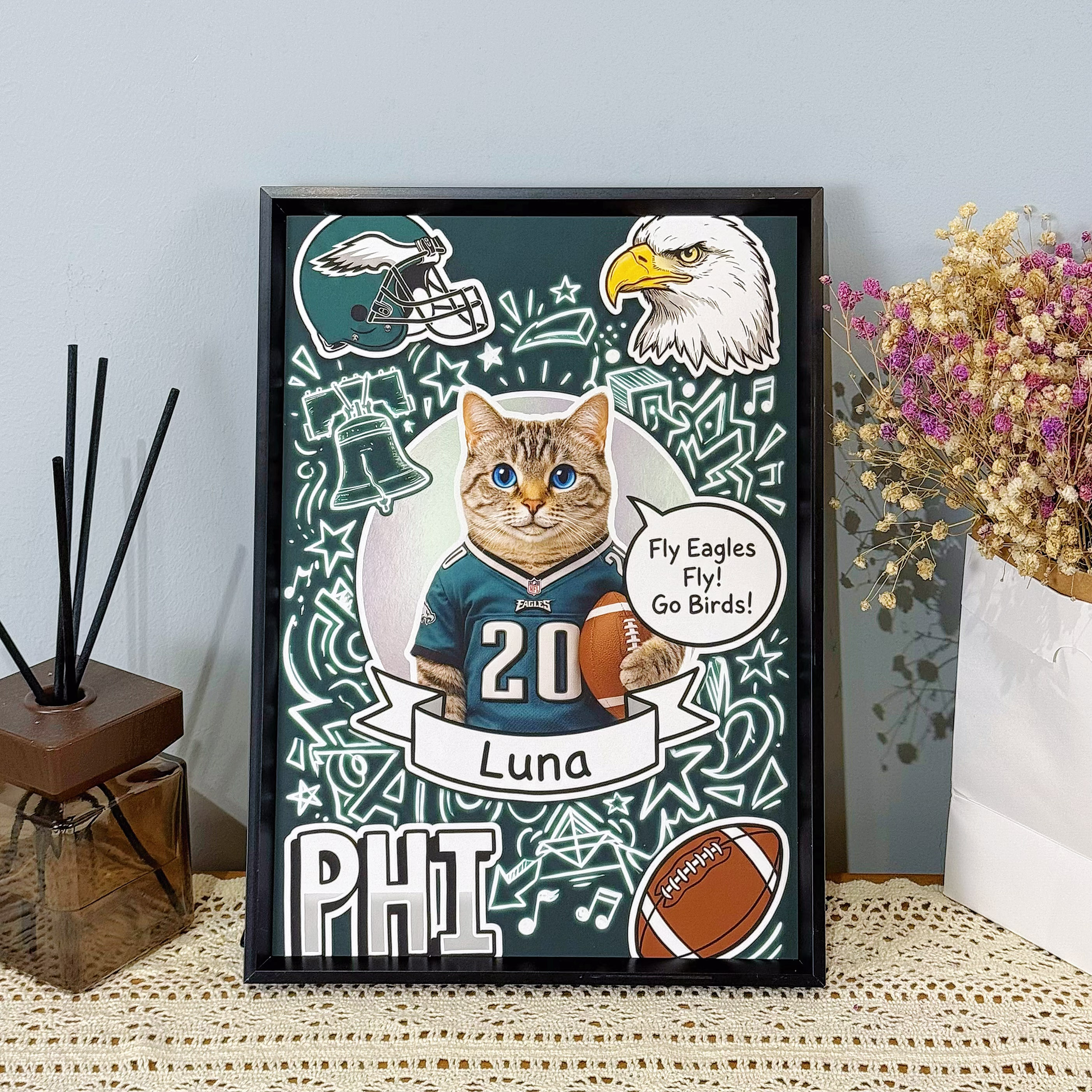 Custom American football-themed portrait frames and canvases – hand-painted decorative murals by the artist.