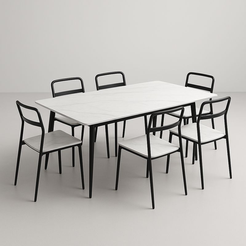 Table rectangulaire avec 6 chaises en métal et plateau effet marbre blanc-Cosyrooma