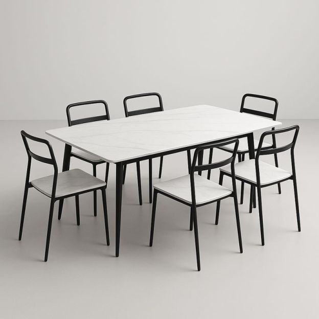Table rectangulaire avec 6 chaises en métal et plateau effet marbre blanc-Cosyrooma