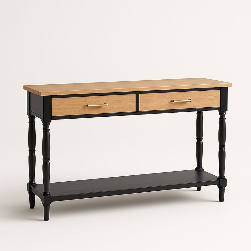 Console en MDF noir et placage chêne avec tiroirs et étagère 120x30x75 cm-Cosyrooma