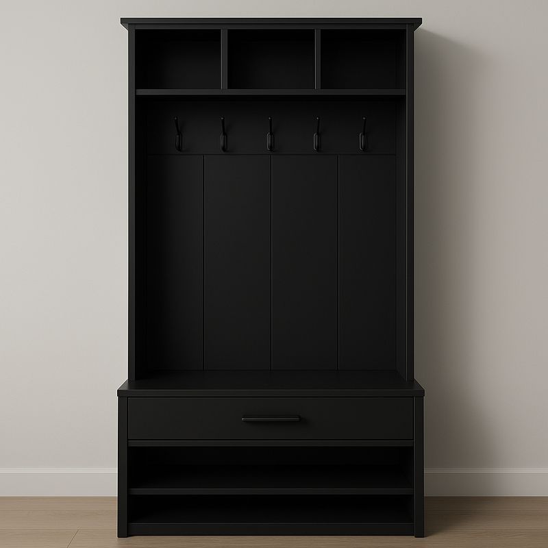 Armoire d'entrée noire avec crochets et rangements 180x100x45 cm en bois composite-Cosyrooma