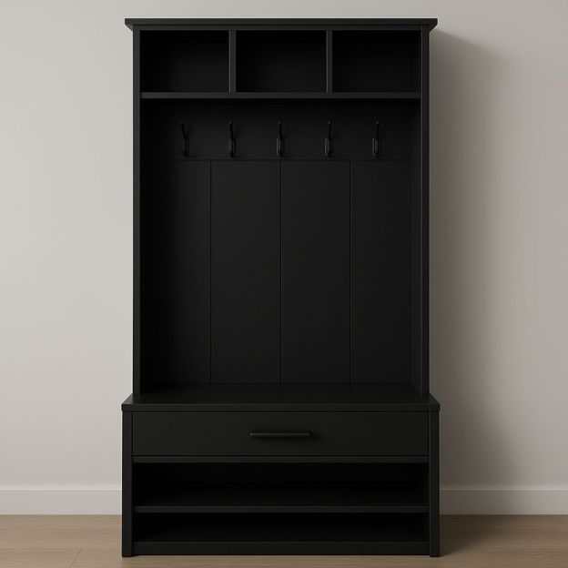 Armoire d'entrée noire avec crochets et rangements 180x100x45 cm en bois composite-Cosyrooma