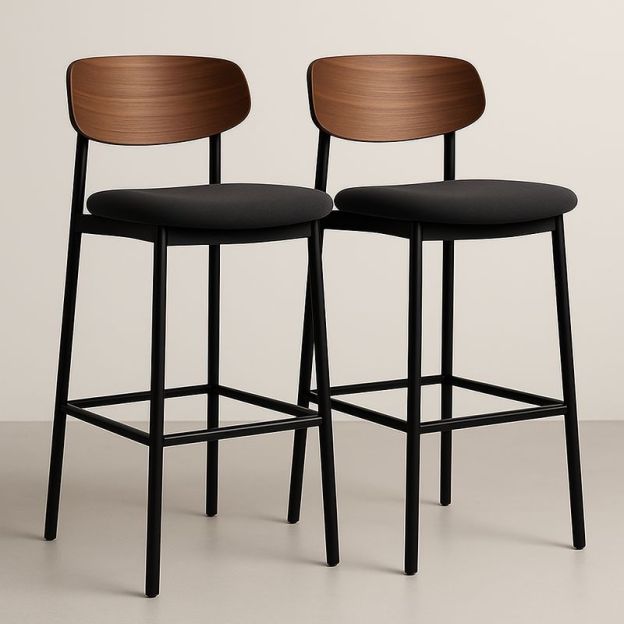 Tabourets de Bar Lot de 2 en Métal Noir avec Dossier en Bois Plaqué et Assise Noire-Cosyrooma