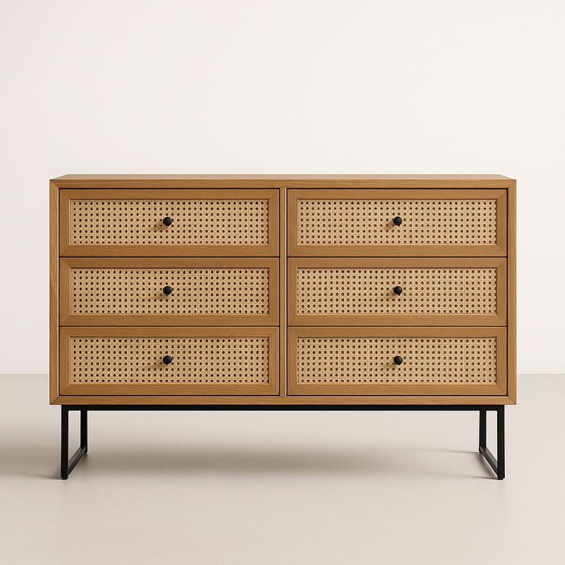 Commode en bois et rotin avec pieds en métal noir-Cosyrooma