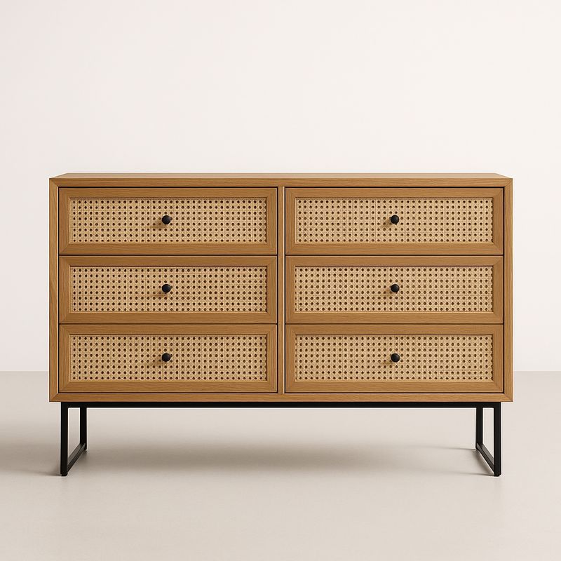 Commode en bois et rotin avec pieds en métal noir-Cosyrooma