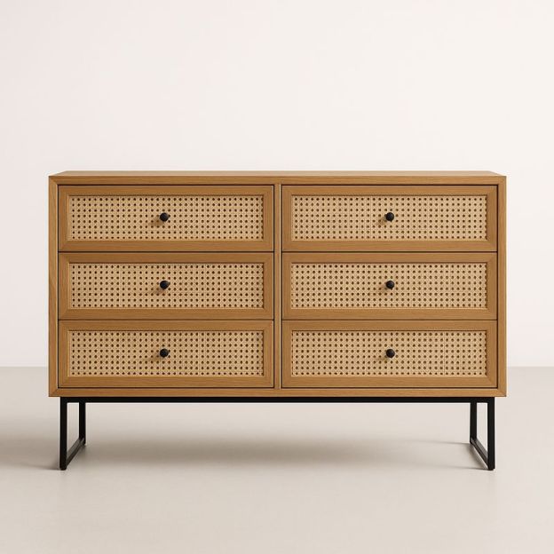 Commode en bois et rotin avec pieds en métal noir-Cosyrooma