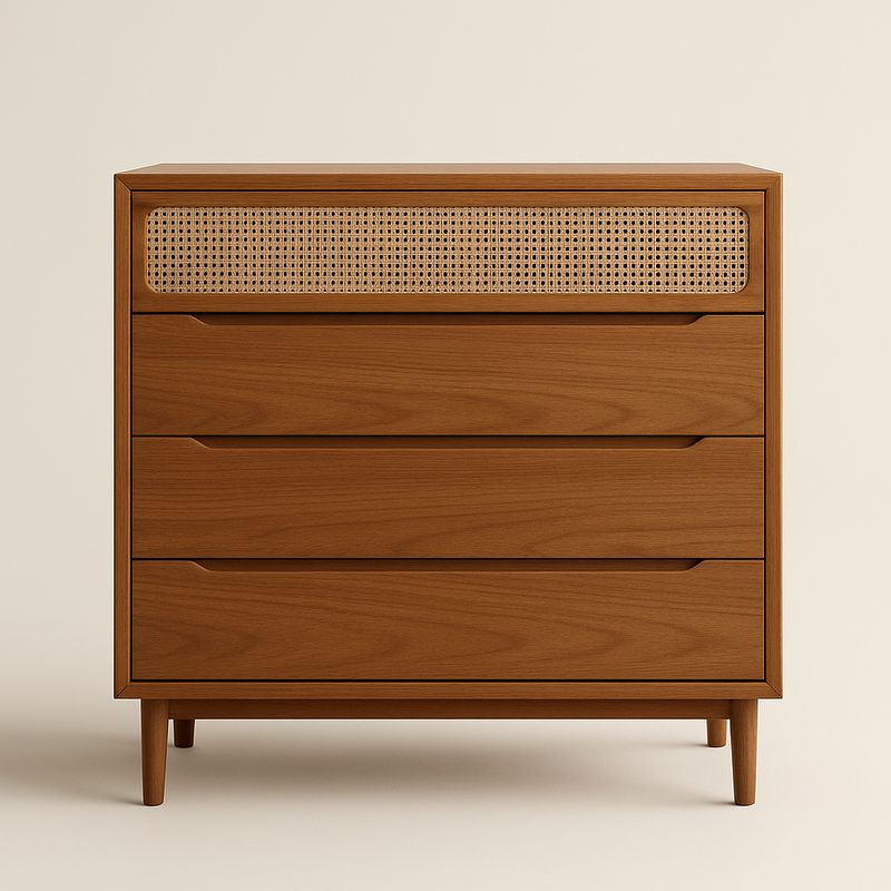 Commode en bois de hêtre à 4 tiroirs avec façade en rotin 90x80x45 cm-Cosyrooma