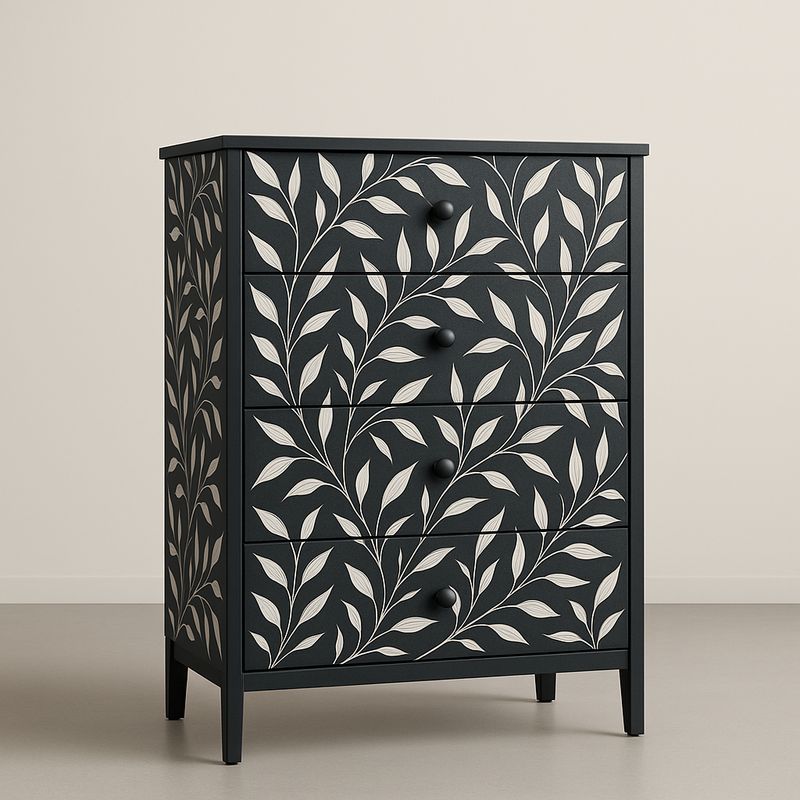 Commode en bois à quatre tiroirs motif feuillage Noir/Blanc 90x75x40 cm-Cosyrooma