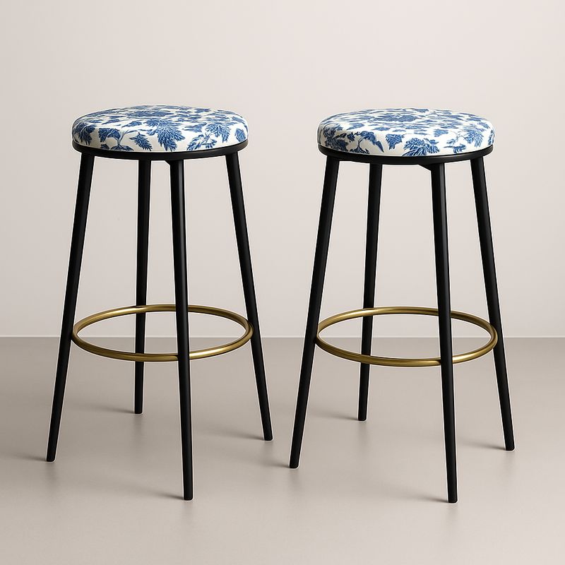 Tabourets Hauts Métal Noir avec Housse Imprimée Bleu/Blanc, Lot de 2-Cosyrooma