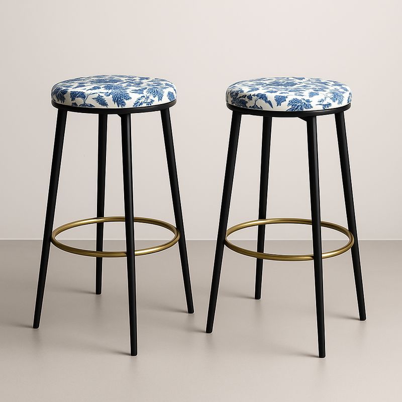 Tabourets Hauts Métal Noir avec Housse Imprimée Bleu/Blanc, Lot de 2-Cosyrooma