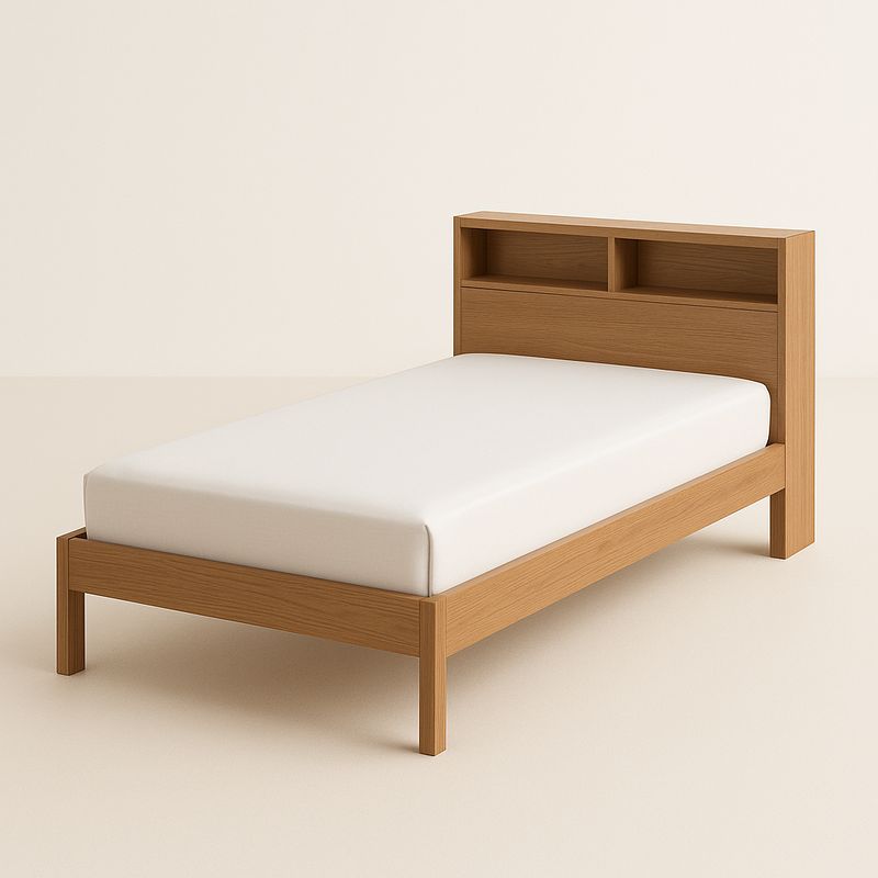 Lit simple en bois de chêne avec étagères intégrées-Cosyrooma