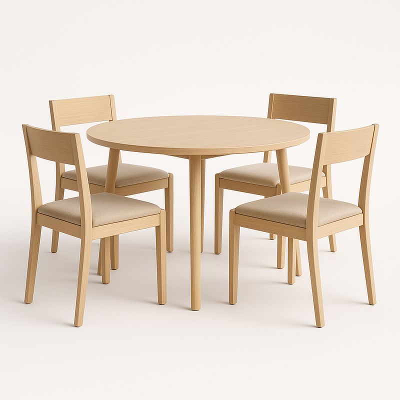 Table ronde en bois avec 4 chaises en tissu beige-Cosyrooma