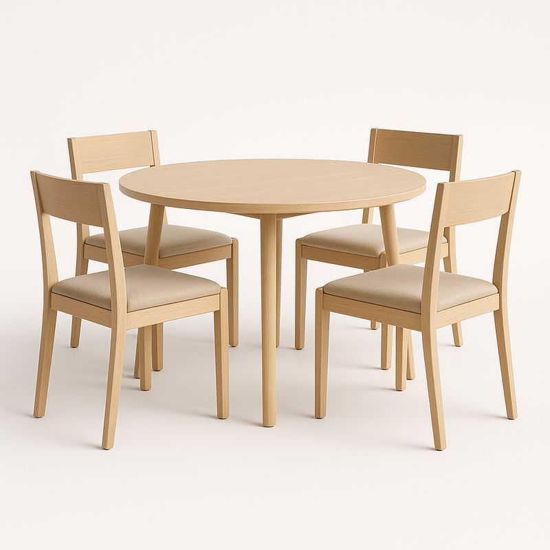Table ronde en bois avec 4 chaises en tissu beige-Cosyrooma