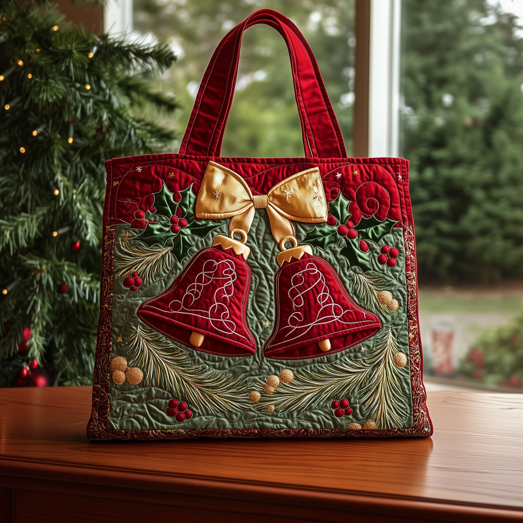 Christmas Red Bells Series Quilted Tote Bag-Mega-Craft