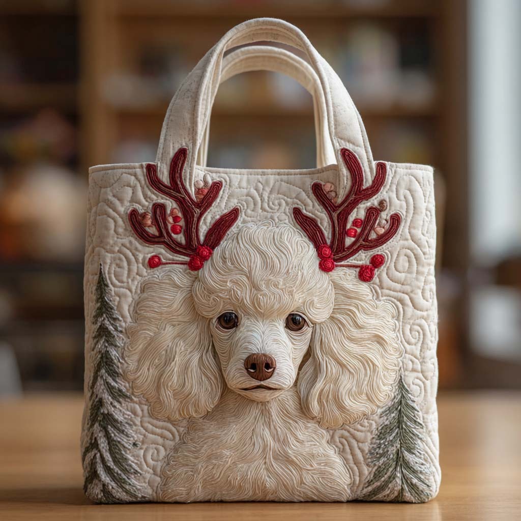 Holiday Reindeer Poodle White Quilted Tote Bag NCU0XD1233-Mega-Craft
