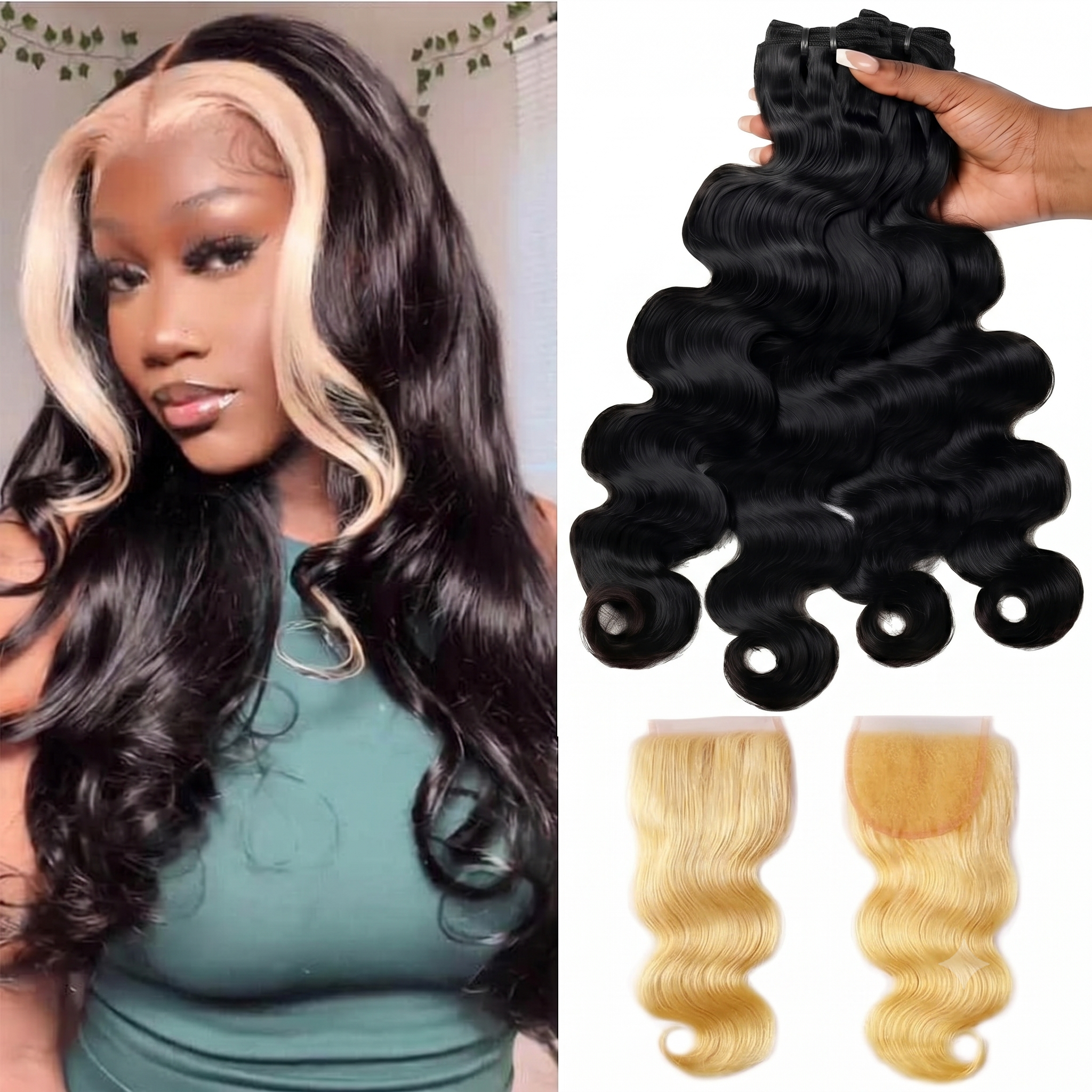 Jopear 10A | Unprocessed Virgin Hair Body Wave 100% Human Hair Bundles Deal - Natural Color with 613 Blonde Lace Closure Set