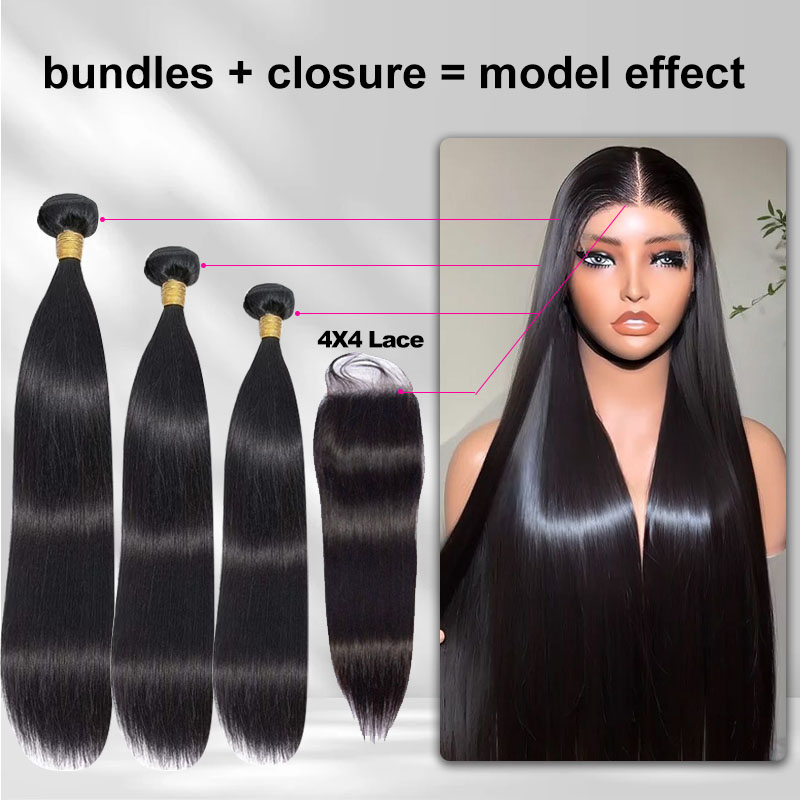 12A Straight Human Hair Bundles 100% Unprocessed Raw Human Hair Extensions Inch Black Straight Malaysia Remy Weave Bundles 3-5 Days Delivery 🎁Free Gifts: 16'' Lace Closure, Hair Cap And Baby Hair