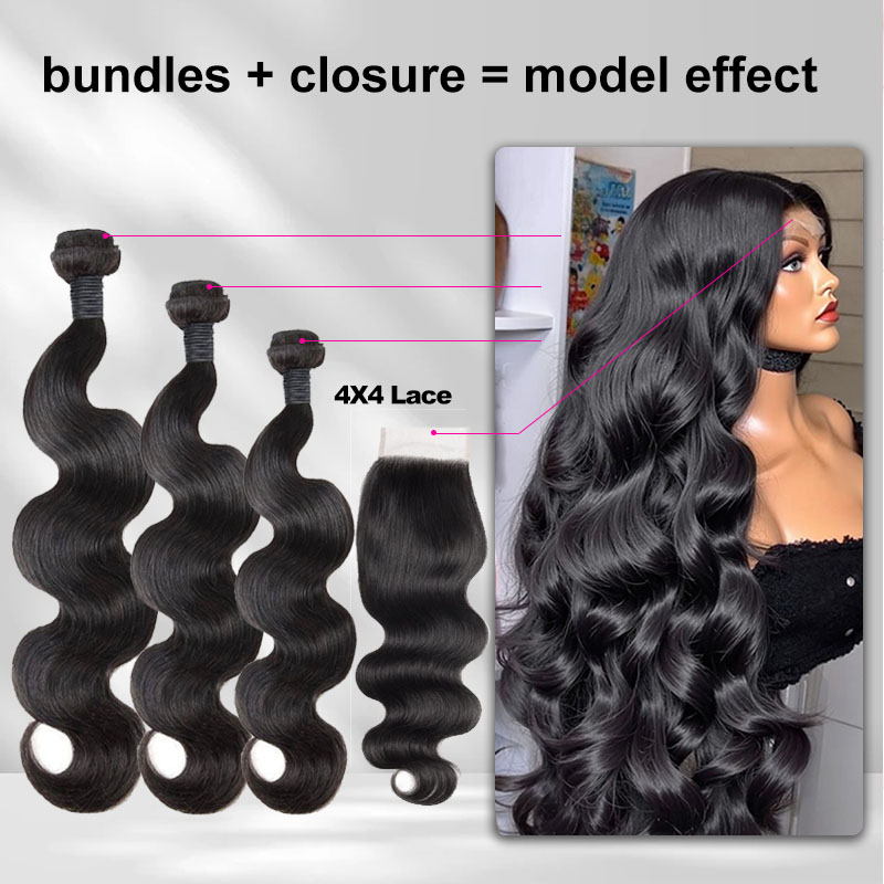 🎄 16–34 Inch Luxury Natural Black Body Wave Bundles – 100% Virgin Brazilian Human Hair, 4 Bundles | FREE Christmas Gifts: 16" Lace Closure, Wig Cap & Baby Hair 🎁