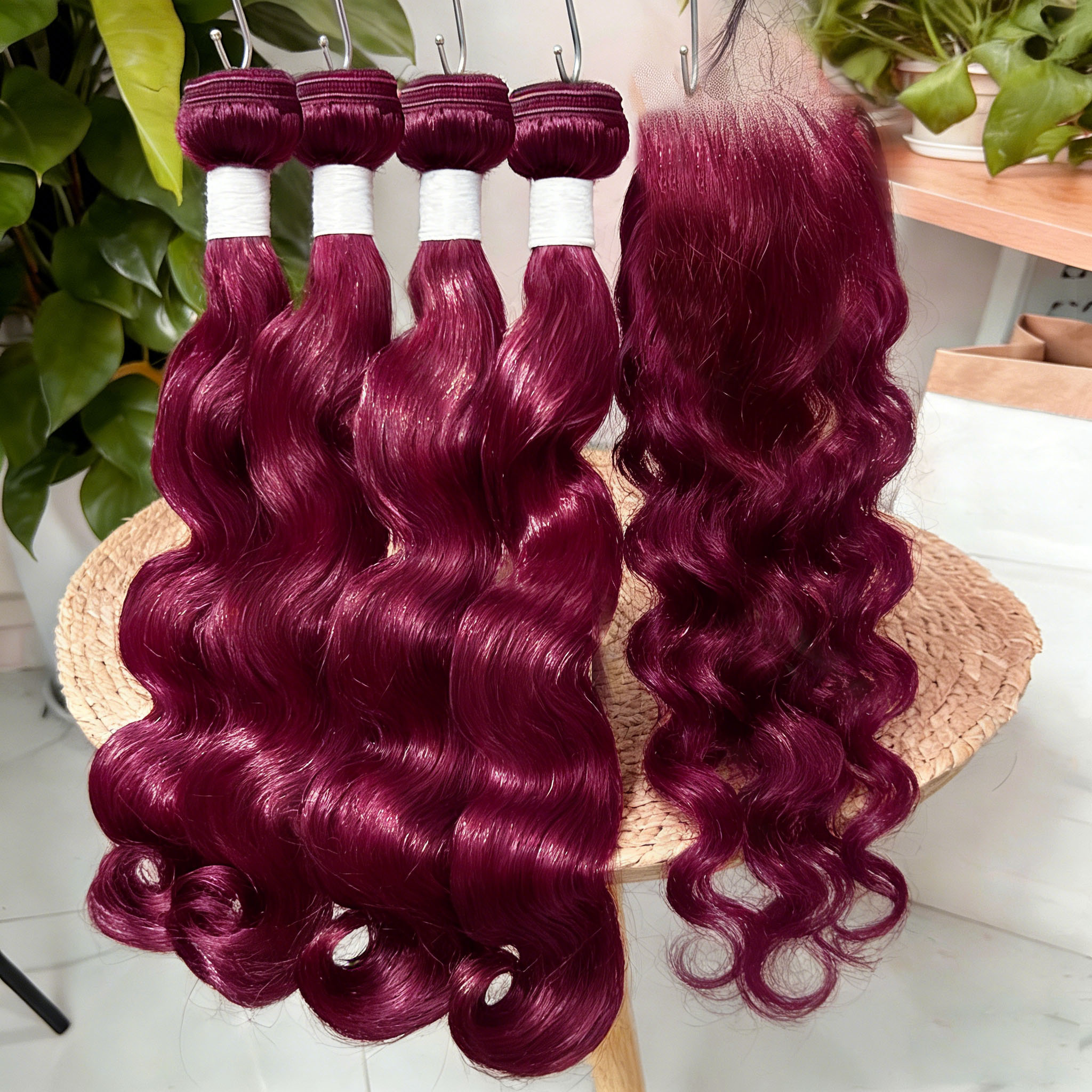 12A Burgundy 99j Body Wave Hair Bundles Red Colored Human Hair Bundles 20-30 Inch Malaysia Virgin Hair Weave Extension 🎁Free Gifts: 16'' Lace Closure, Hair Cap And Baby Hair